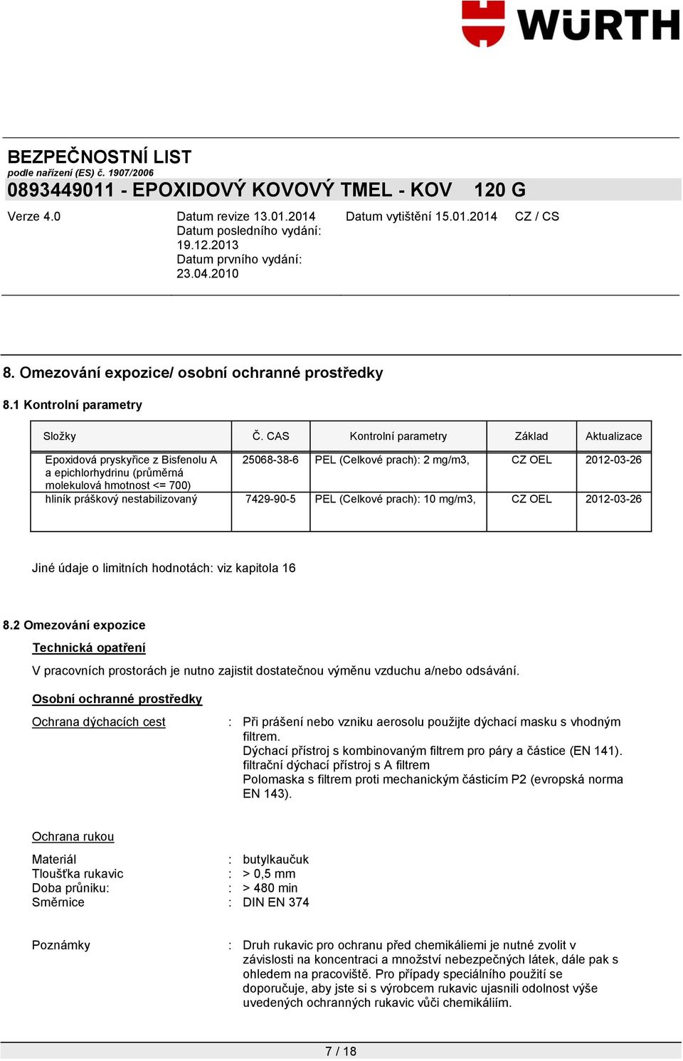 7429-90-5 PEL (Celkové prach): 10 mg/m3, CZ OEL 2012-03-26 Jiné údaje o limitních hodnotách: viz kapitola 16 8.