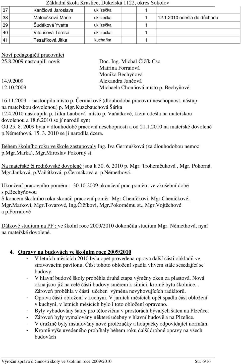 Čermákové (dlouhodobá pracovní neschopnost, nástup na mateřskou dovolenou) p. Mgr.Kuzebauchová Šárka 12.4.2010 nastoupila p. Jitka Laubová místo p. Vaňátkové, která odešla na mateřskou dovolenou a 18.