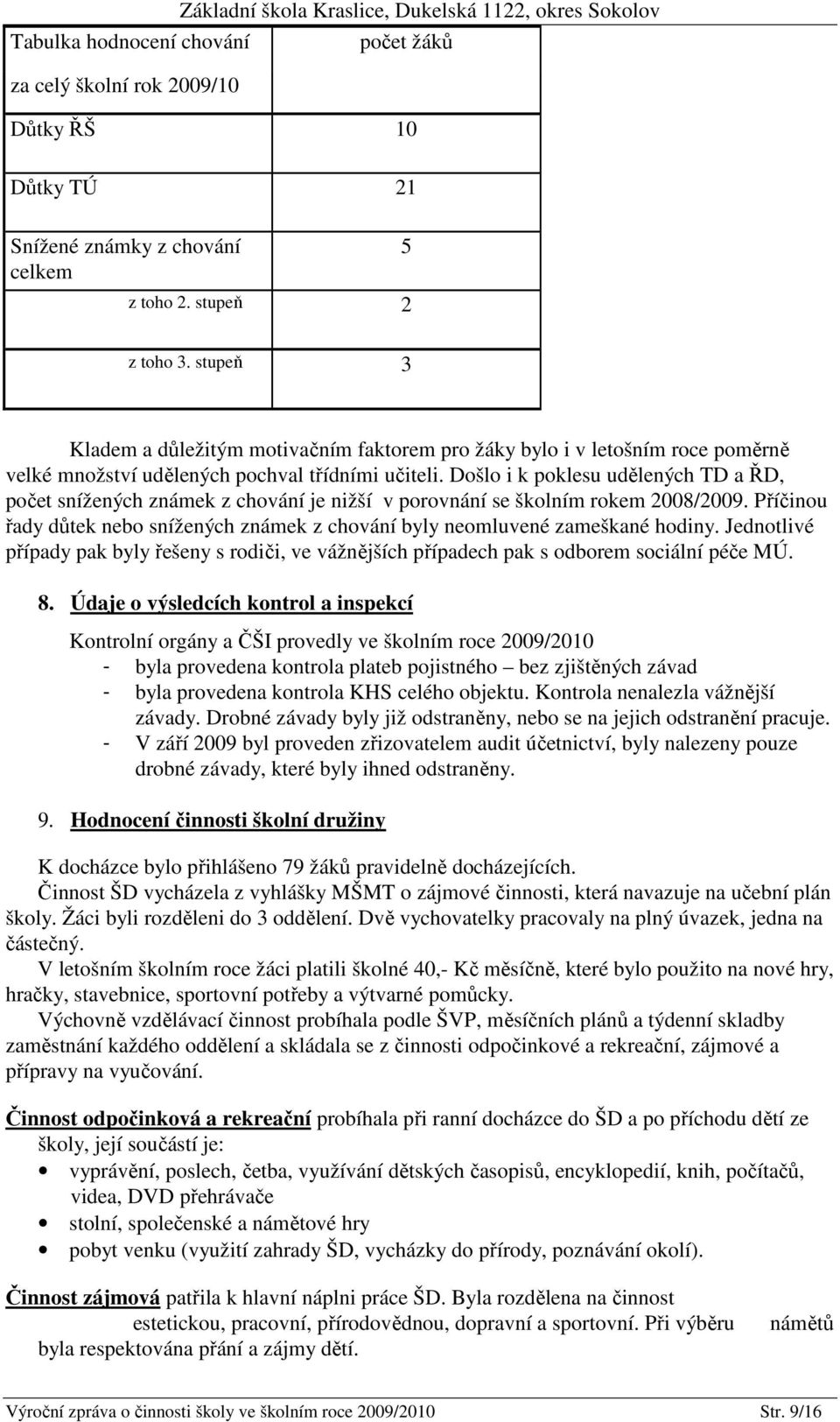 Došlo i k poklesu udělených TD a ŘD, počet snížených známek z chování je nižší v porovnání se školním rokem 2008/2009.