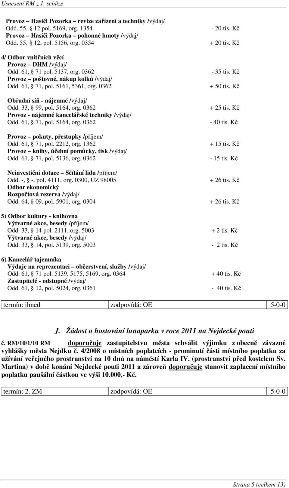 33, 99, pol. 5164, org. 0362 Provoz - nájemné kancelářské techniky /výdaj/ Odd. 61, 71, pol. 5164, org. 0362 Provoz pokuty, přestupky /příjem/ Odd. 61, 71, pol. 2212, org.