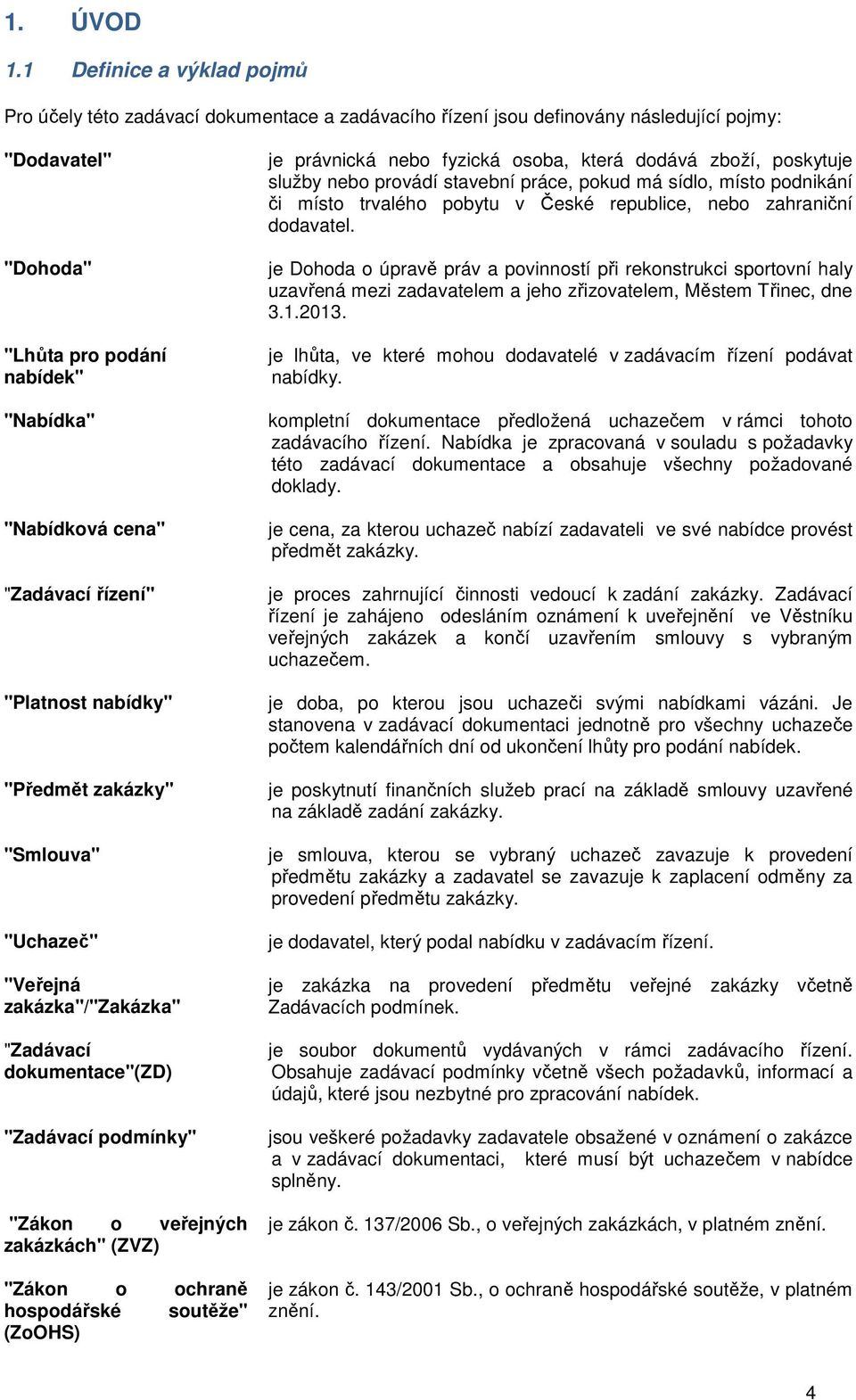 "Zadávací řízení" "Platnost nabídky" "Předmět zakázky" "Smlouva" "Uchazeč" "Veřejná zakázka"/"zakázka" "Zadávací dokumentace"(zd) "Zadávací podmínky" "Zákon o veřejných zakázkách" (ZVZ) "Zákon o