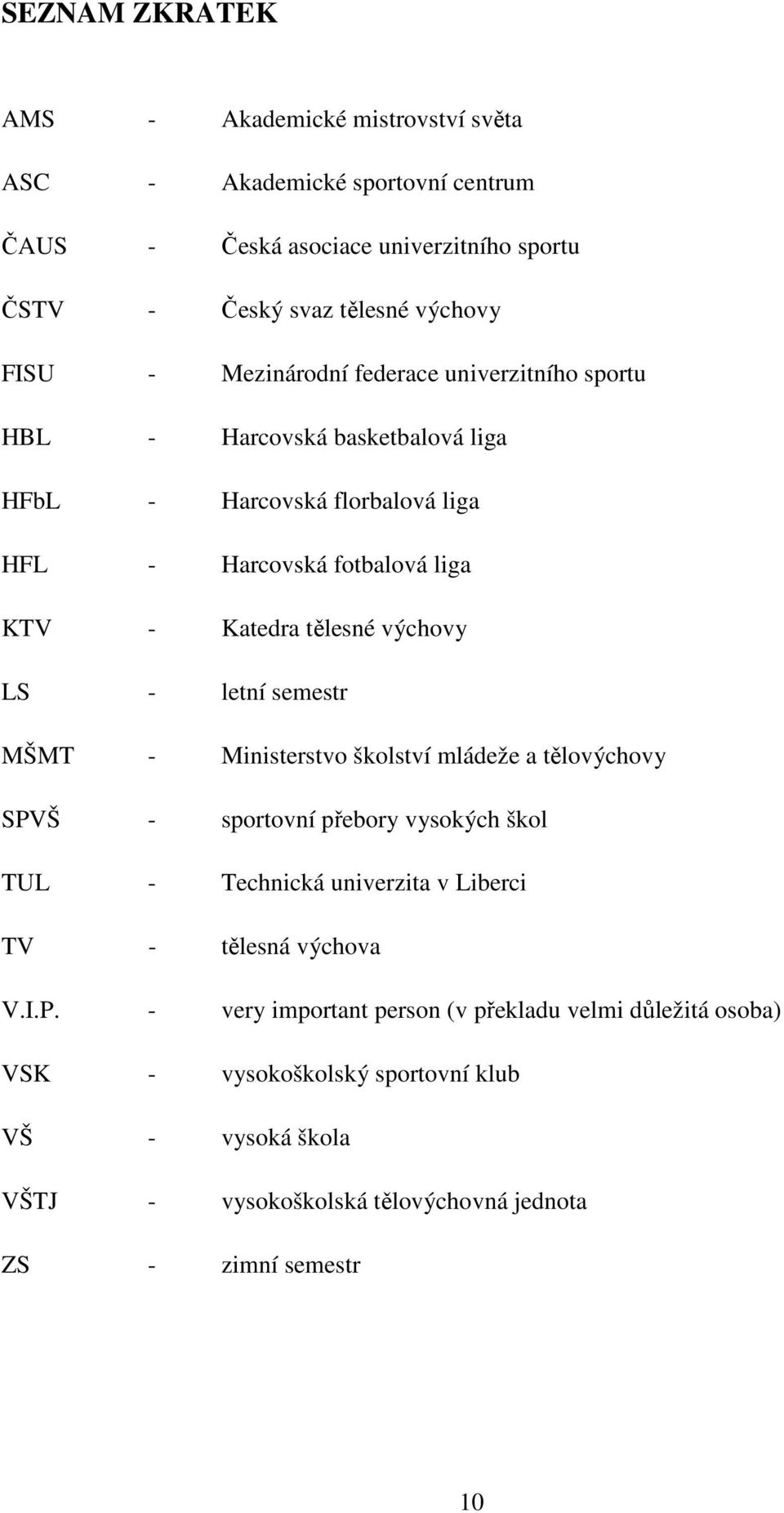 LS - letní semestr MŠMT - Ministerstvo školství mládeže a tělovýchovy SPVŠ - sportovní přebory vysokých škol TUL - Technická univerzita v Liberci TV - tělesná výchova V.I.