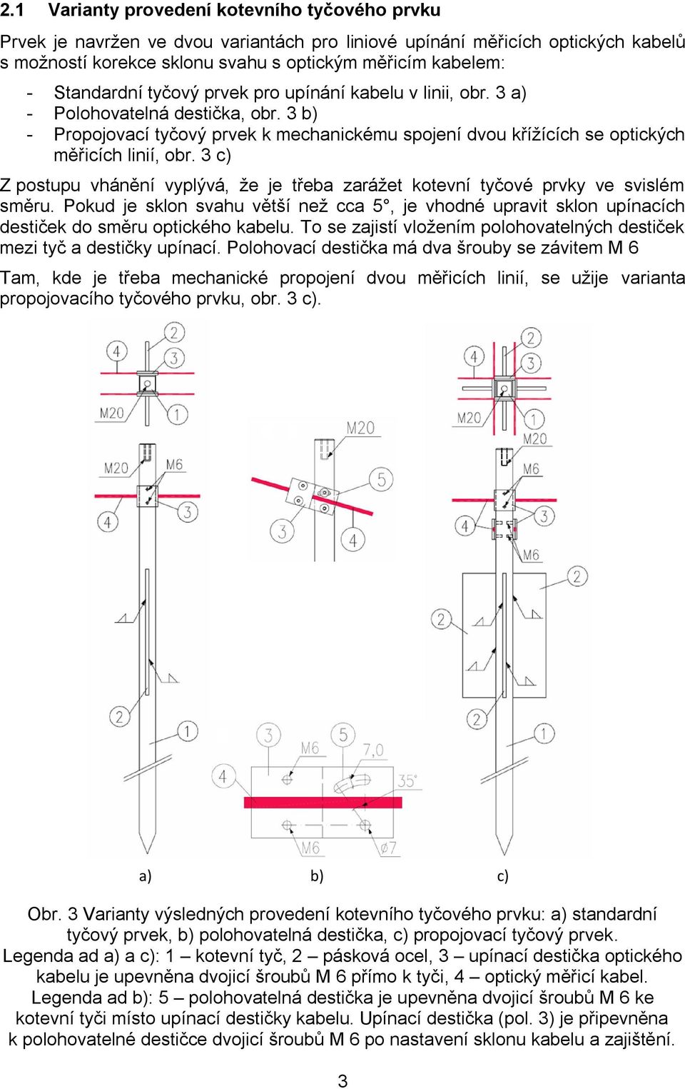 3 c) Z postupu vhánění vyplývá, že je třeba zarážet kotevní tyčové prvky ve svislém směru. Pokud je sklon svahu větší než cca 5, je vhodné upravit sklon upínacích destiček do směru optického kabelu.