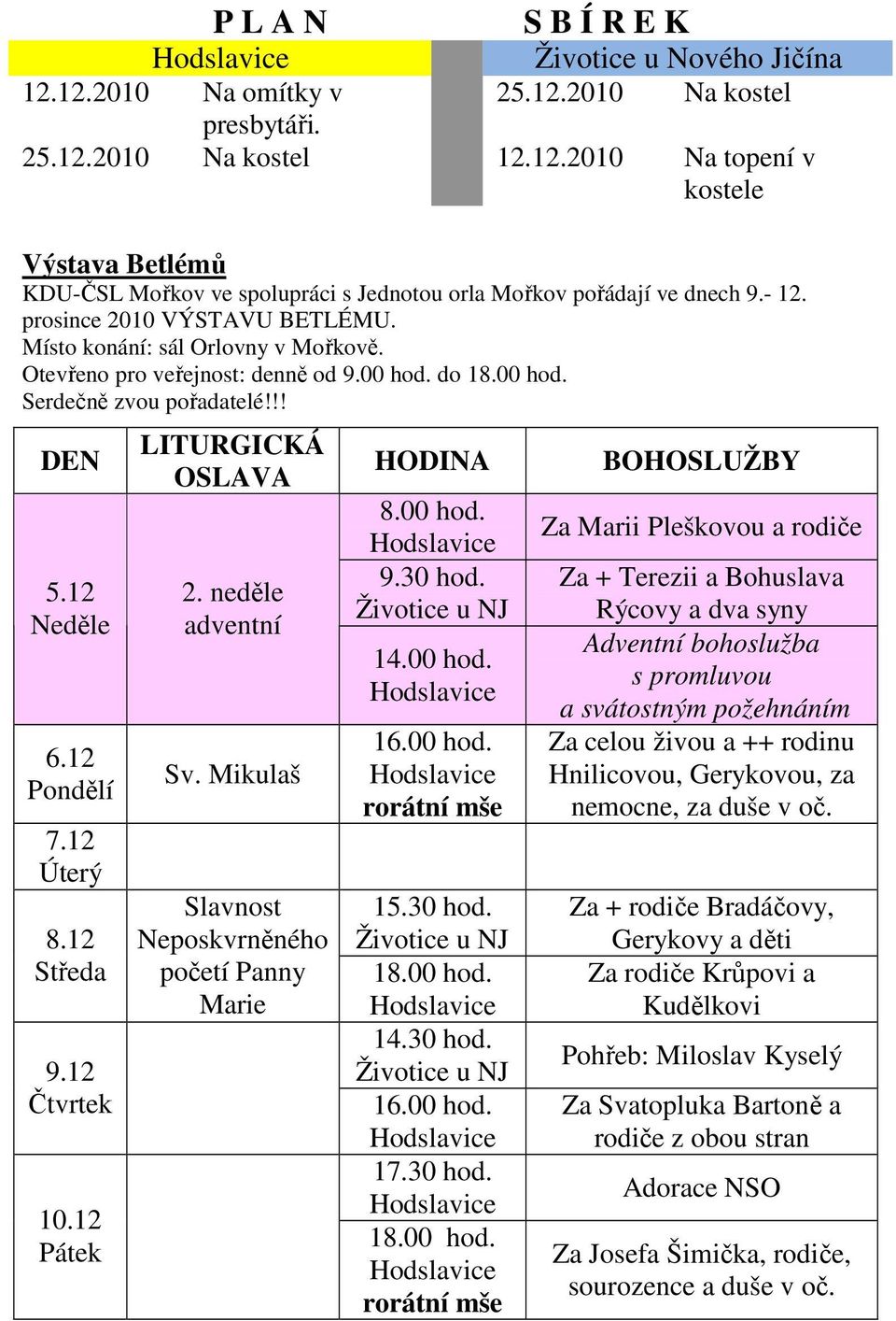 12 Středa 9.12 Čtvrtek 10.12 LITURGICKÁ OSLAVA 2. neděle adventní Sv. Mikulaš Slavnost Neposkvrněného početí Panny Marie HODINA 14.00 hod. rorátní mše 15.30 hod.