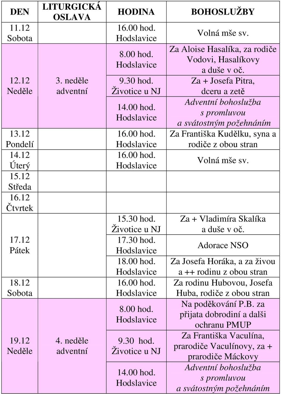 Za + Josefa Pitra, dceru a zetě Adventní bohoslužba s promluvou a svátostným požehnáním Za Františka Kudělku, syna a rodiče z obou stran Za + Vladimíra Skalíka a duše v oč.