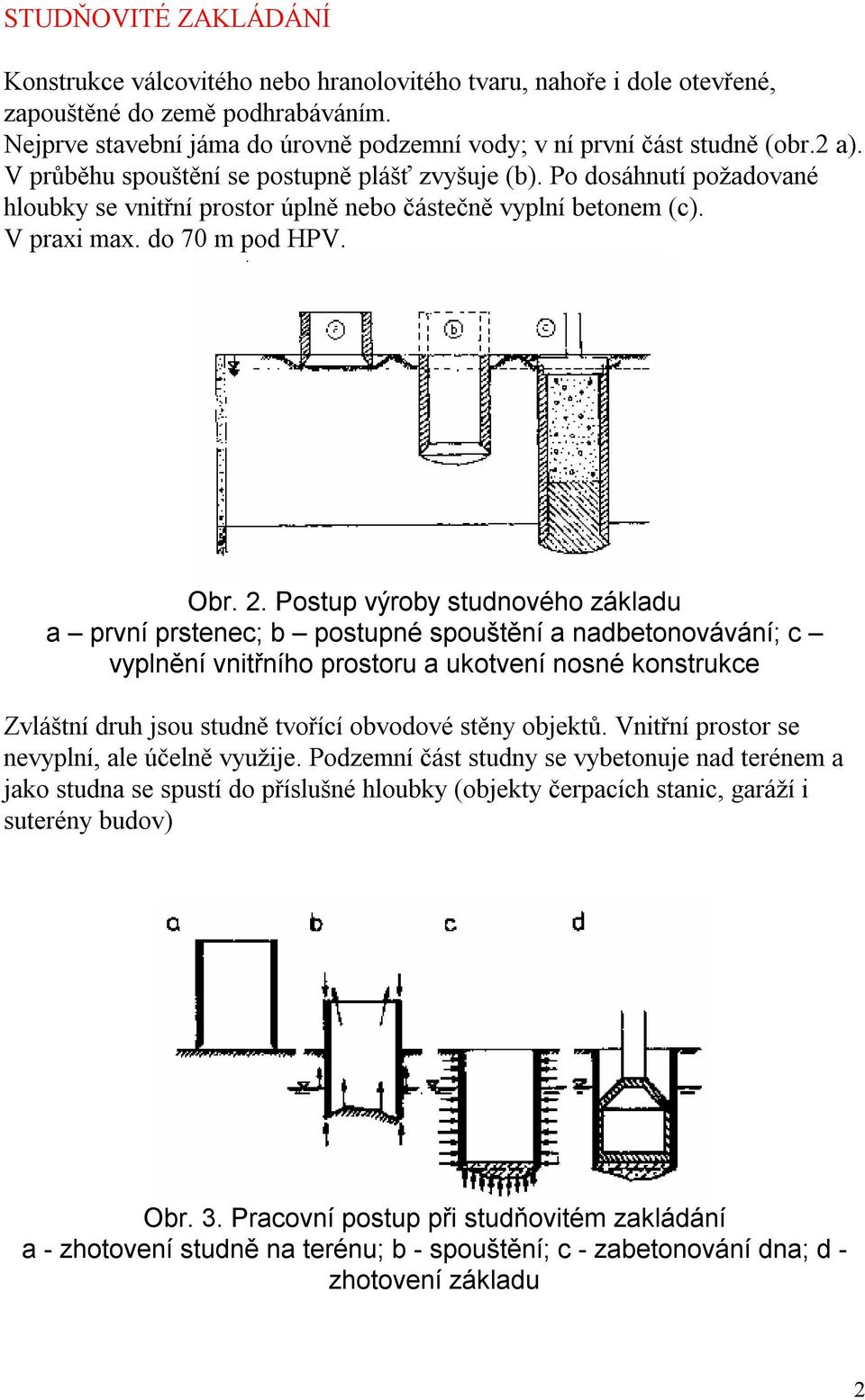 Po dosáhnutí požadované hloubky se vnitřní prostor úplně nebo částečně vyplní betonem (c). V praxi max. do 70 m pod HPV. Obr.