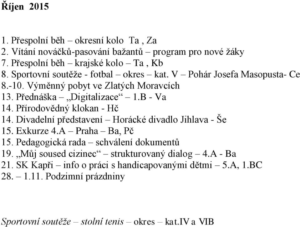 Přírodovědný klokan - Hč 14. Divadelní představení Horácké divadlo Jihlava - Še 15. Exkurze 4.A Praha Ba, Pč 15. Pedagogická rada schválení dokumentů 19.