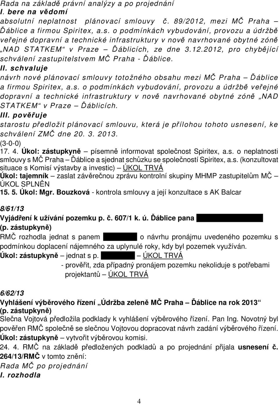 12.2012, pro chybějící schválení zastupitelstvem MČ Praha - Ďáblice. I návrh nové plánovací smlouvy totožného obsahu mezi MČ Praha Ďáblice a firmou Spiritex, a.s. o podmínkách vybudování, provozu a údržbě veřejné dopravní a technické infrastruktury v nově navrhované obytné zóně NAD STATKEM v Praze Ďáblicích.