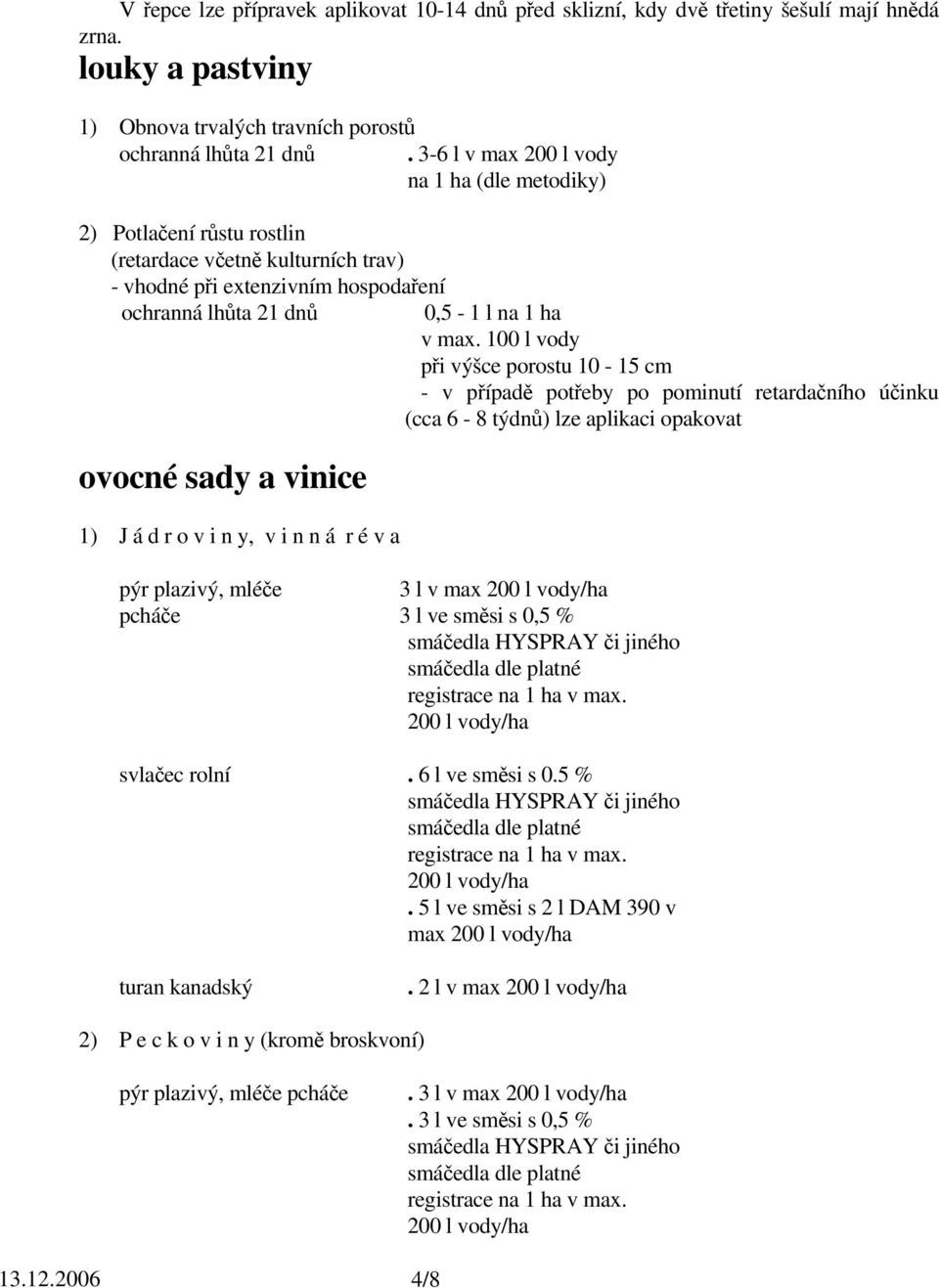 100 l vody při výšce porostu 10-15 cm - v případě potřeby po pominutí retardačního účinku (cca 6-8 týdnů) lze aplikaci opakovat ovocné sady a vinice 1) J á d r o v i n y, v i n n á r é v a pýr