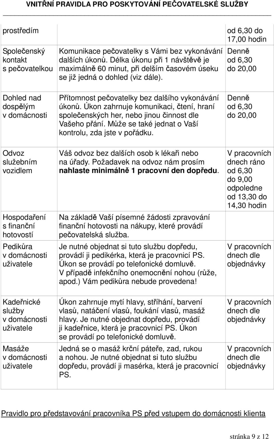 od 6,30 do 17,00 hodin od 6,30 do 20,00 Dohled nad dospělým v domácnosti Přítomnost pečovatelky bez dalšího vykonávání úkonů.