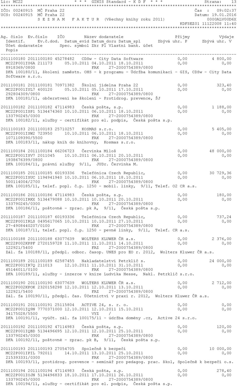 10.2011 05.10.2011 17.10.2011 0,00 0,00 292804309/0800 FAK 27-2000754389/0800 DFA 100181/11, občerstvení ke školení - Protidrog. prevence, ŠJ 2011100182 2011100182 47114983 Česká pošta, s.p. 0,00 1 188,00 MC22P001ISP1 5134474360 10.