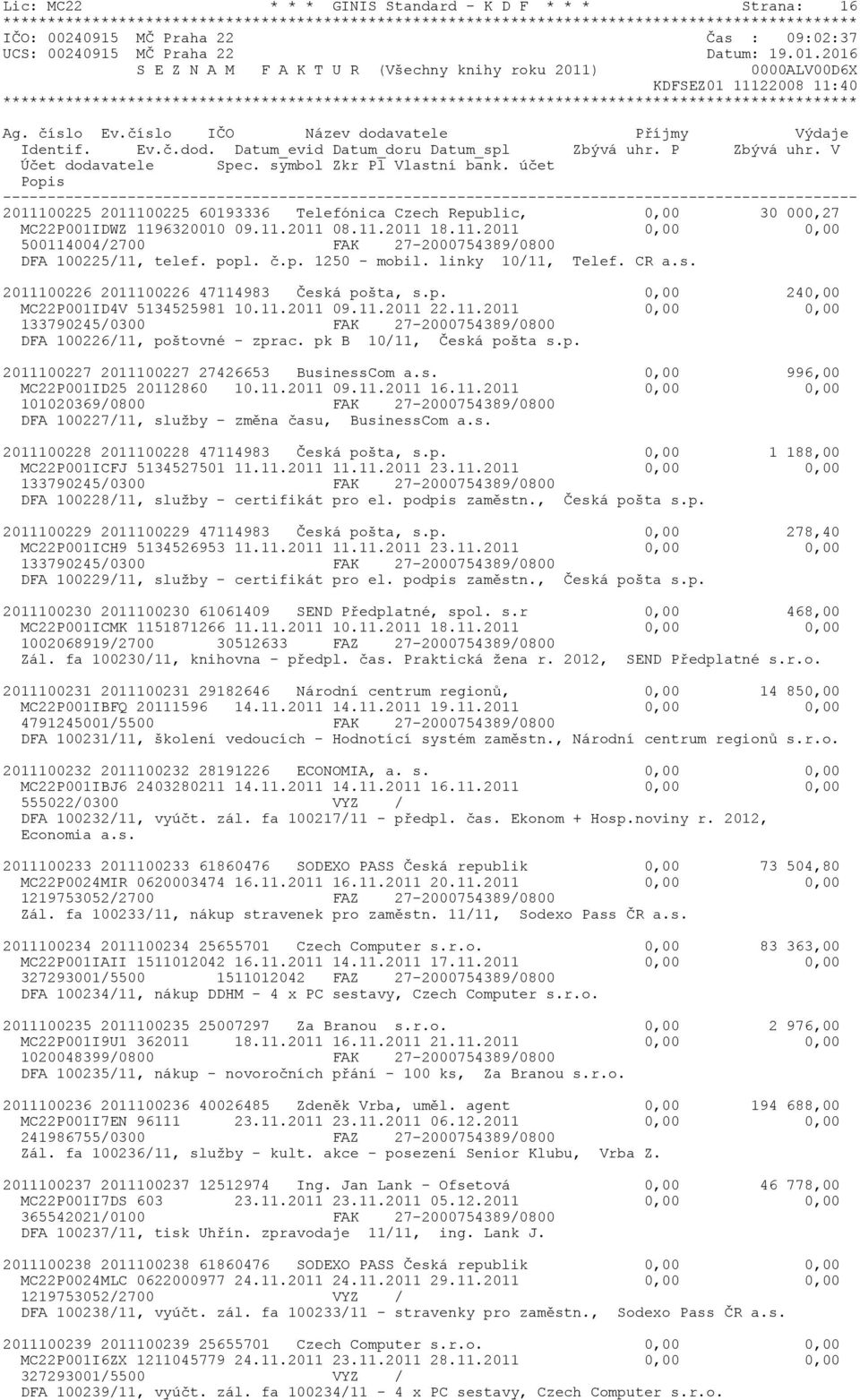 11.2011 09.11.2011 22.11.2011 0,00 0,00 133790245/0300 FAK 27-2000754389/0800 DFA 100226/11, poštovné - zprac. pk B 10/11, Česká pošta s.p. 2011100227 2011100227 27426653 BusinessCom a.s. 0,00 996,00 MC22P001ID25 20112860 10.