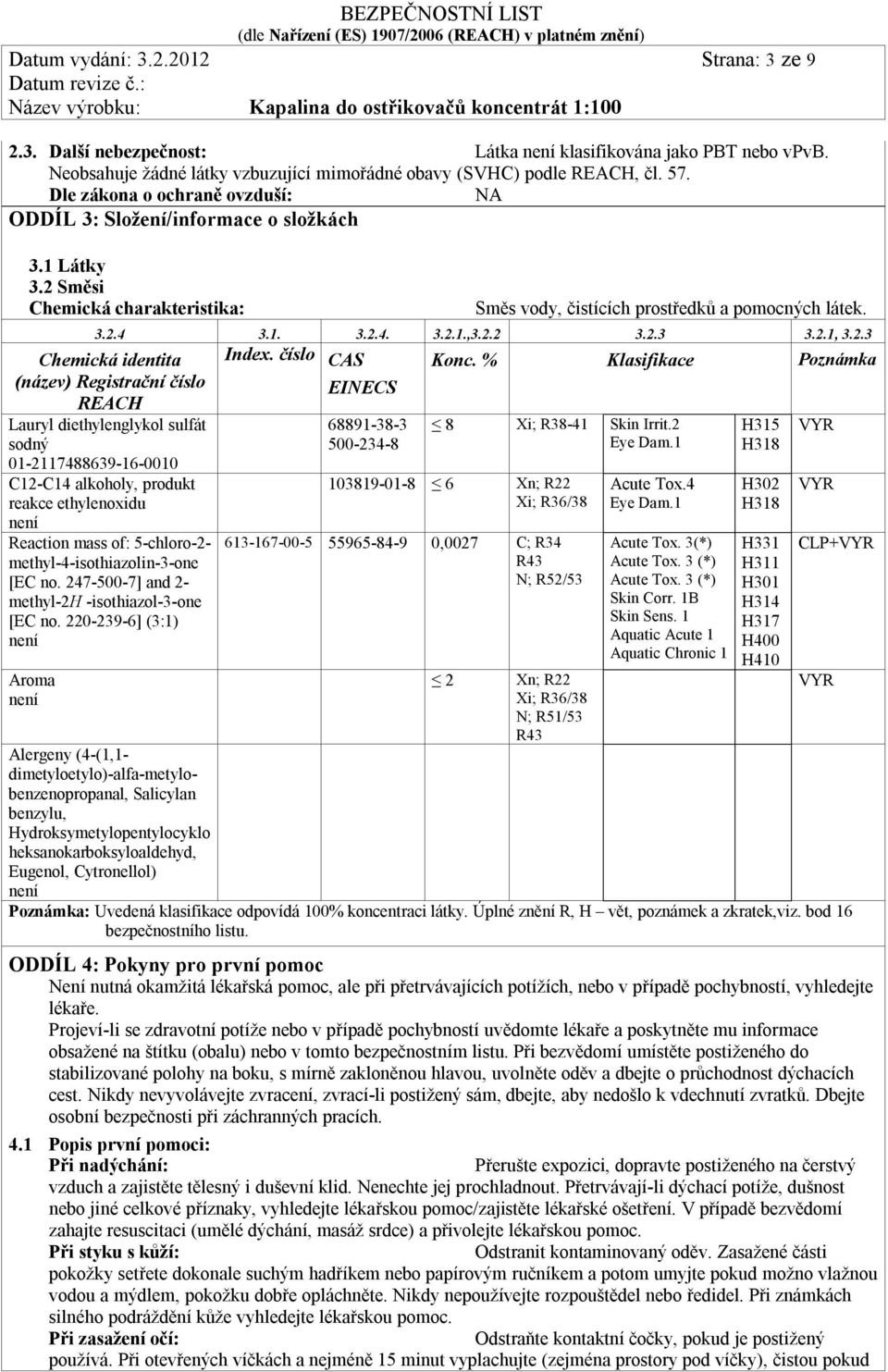 2.3 3.2.1, 3.2.3 Chemická identita (název) Registrační číslo REACH Lauryl diethylenglykol sulfát sodný 01-2117488639-16-0010 C12-C14 alkoholy, produkt reakce ethylenoxidu není Reaction mass of: