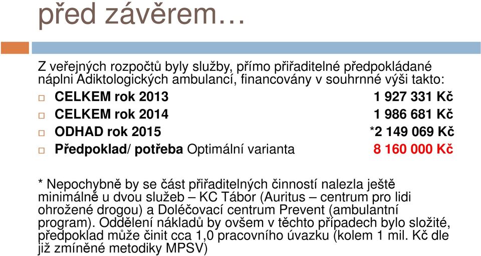 přiřaditelných činností nalezla ještě minimálně u dvou služeb KC Tábor (Auritus centrum pro lidi ohrožené drogou) a Doléčovací centrum Prevent (ambulantní