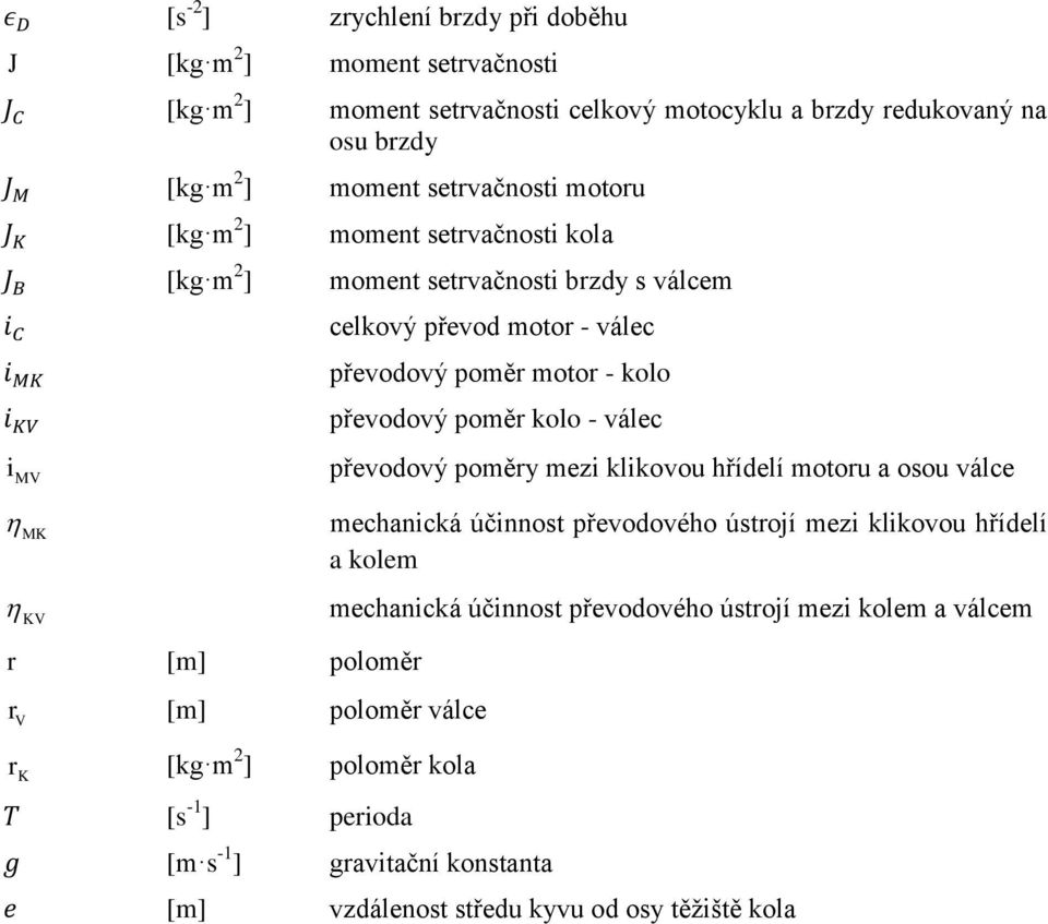 MV převodový poměry mezi klikovou hřídelí motoru a osou válce MK mechanická účinnost převodového ústrojí mezi klikovou hřídelí a kolem KV mechanická účinnost převodového