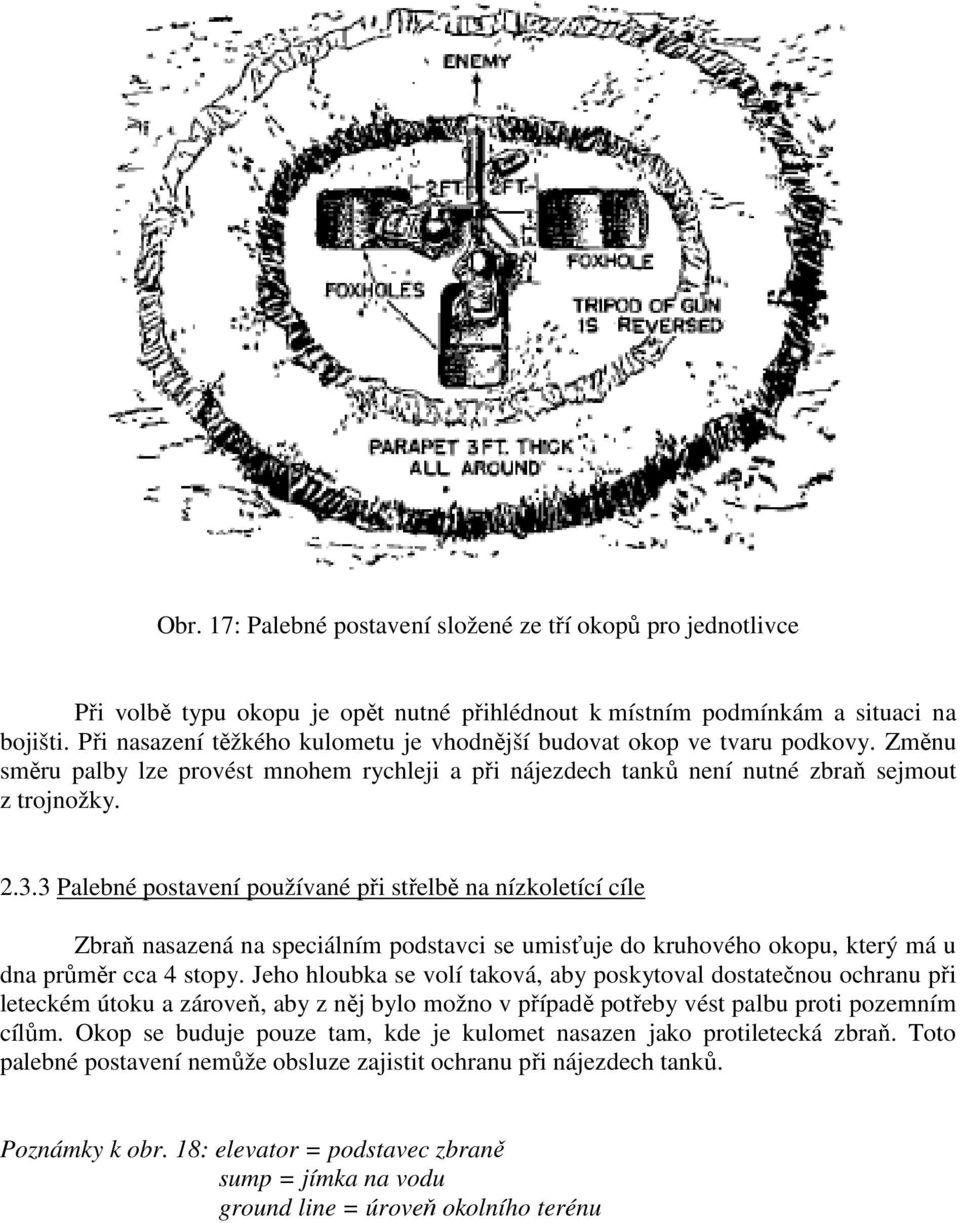 3 Palebné postavení používané při střelbě na nízkoletící cíle Zbraň nasazená na speciálním podstavci se umisťuje do kruhového okopu, který má u dna průměr cca 4 stopy.