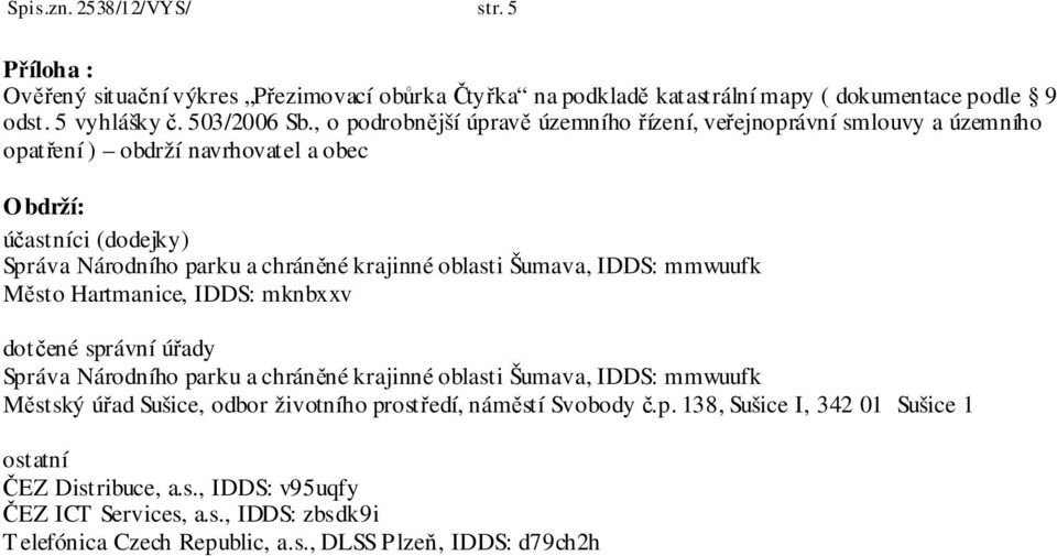 oblasti Šumava, IDDS: mmwuufk Město Hartmanice, IDDS: mknbxxv dotčené správní úřady Správa Národního parku a chráněné krajinné oblasti Šumava, IDDS: mmwuufk Městský úřad Sušice, odbor