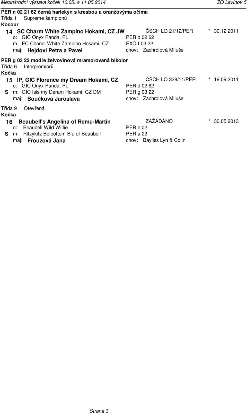 bikolor Třída 6 Interpremiorů 15 IP, GIC Florence my Dream Hokami, CZ ČSCH LO 338/11/PER GIC Onyx Panda, PL PER d 02 62 S GIC Isis my Deram Hokami, CZ DM PER g 03 22 maj: Součková Jaroslava