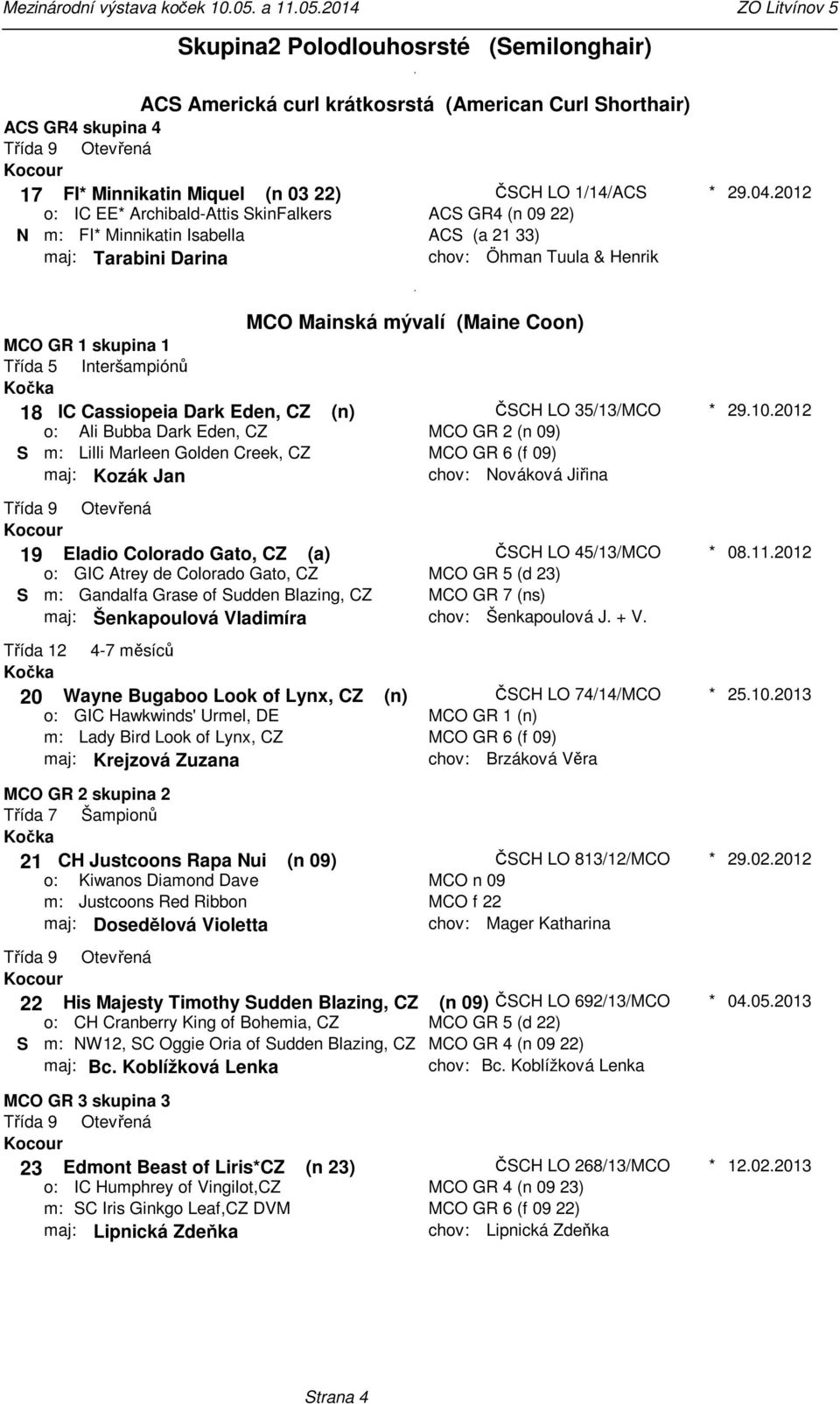 (Maine Coon) MCO GR 1 skupina 1 Třída 5 Interšampiónů 18 IC Cassiopeia Dark Eden, CZ (n) ČSCH LO 35/13/MCO Ali Bubba Dark Eden, CZ MCO GR 2 (n 09) S Lilli Marleen Golden Creek, CZ MCO GR 6 (f 09)