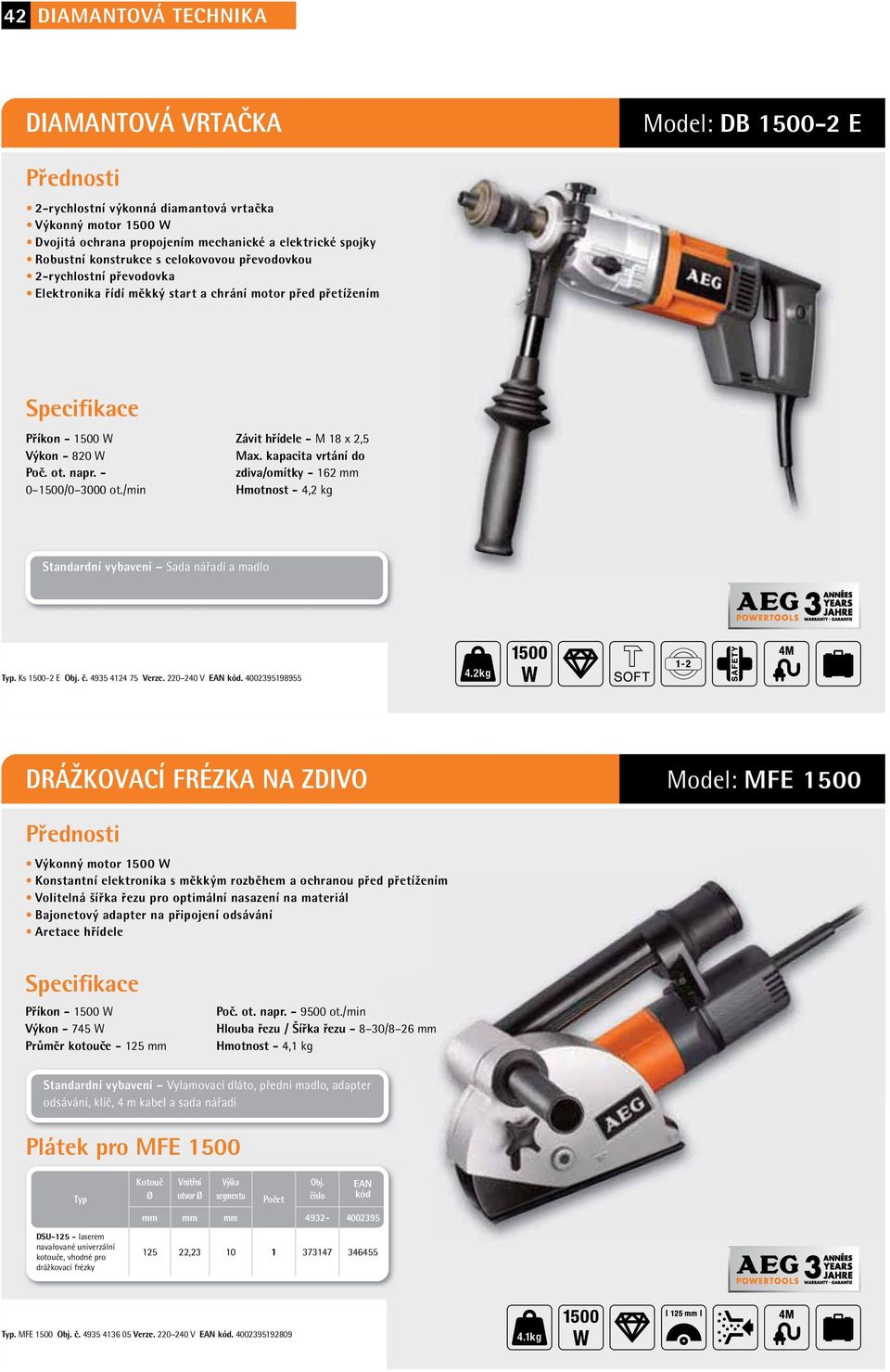 /min Závit hřídele - M 18 x 2,5 Max. kapacita vrtání do zdiva/omítky - 162 mm Hmotnost - 4,2 kg Standardní vybavení Sada nářadí a madlo Typ. Ks 1500-2 E Obj. č. 4935 4124 75 Verze. 220 240 V EAN kód.