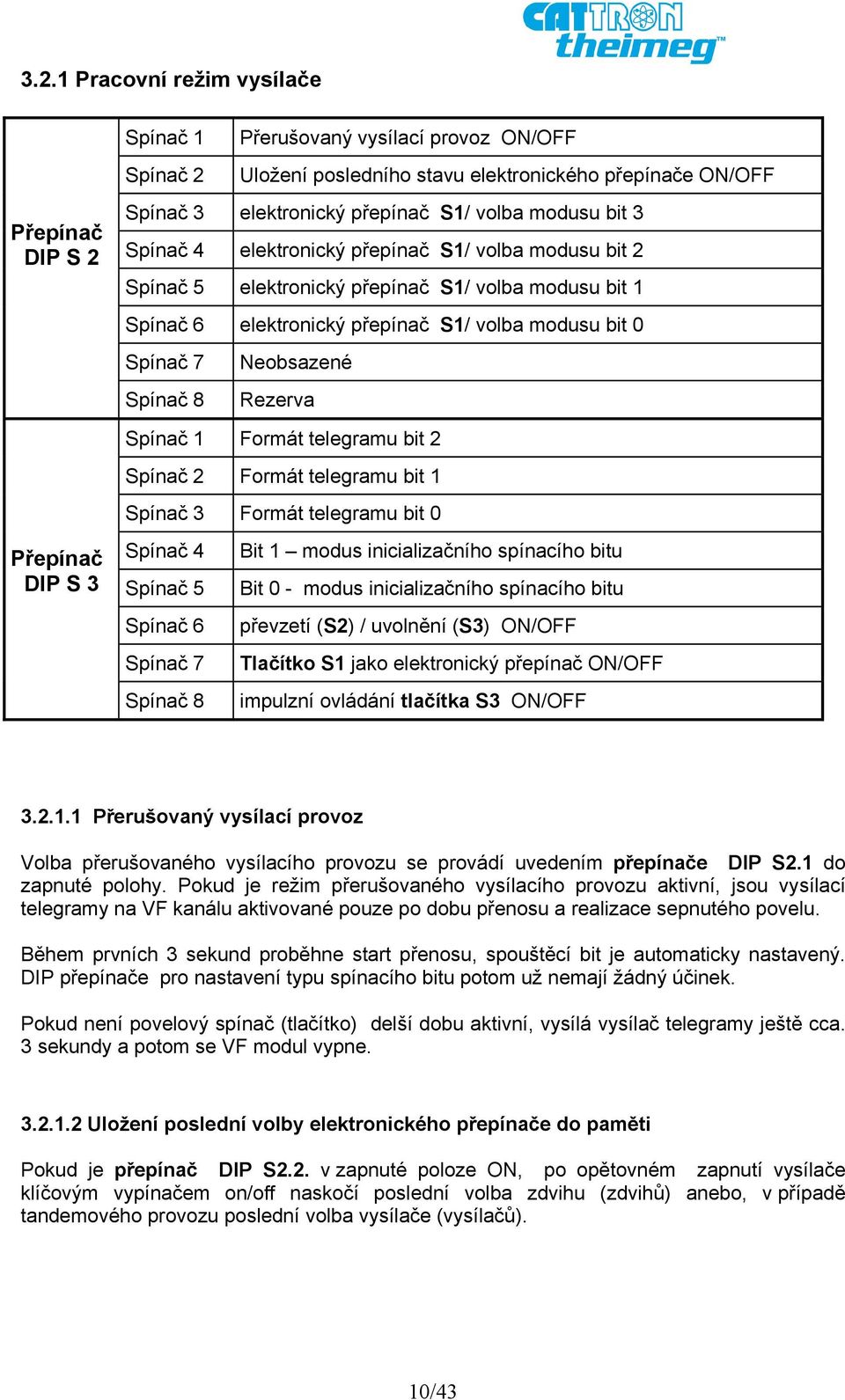 Spínač 8 Rezerva Spínač 1 Formát telegramu bit 2 Spínač 2 Formát telegramu bit 1 Spínač 3 Formát telegramu bit 0 Přepínač DIP S 3 Spínač 4 Spínač 5 Spínač 6 Spínač 7 Spínač 8 Bit 1 modus