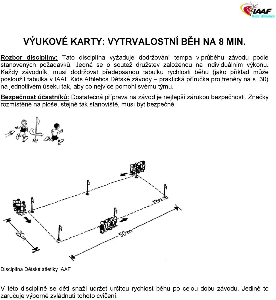 Každý závodník, musí dodržovat předepsanou tabulku rychlosti běhu (jako příklad může posloužit tabulka v IAAF Kids Athletics Dětské závody praktická příručka pro trenéry na s.