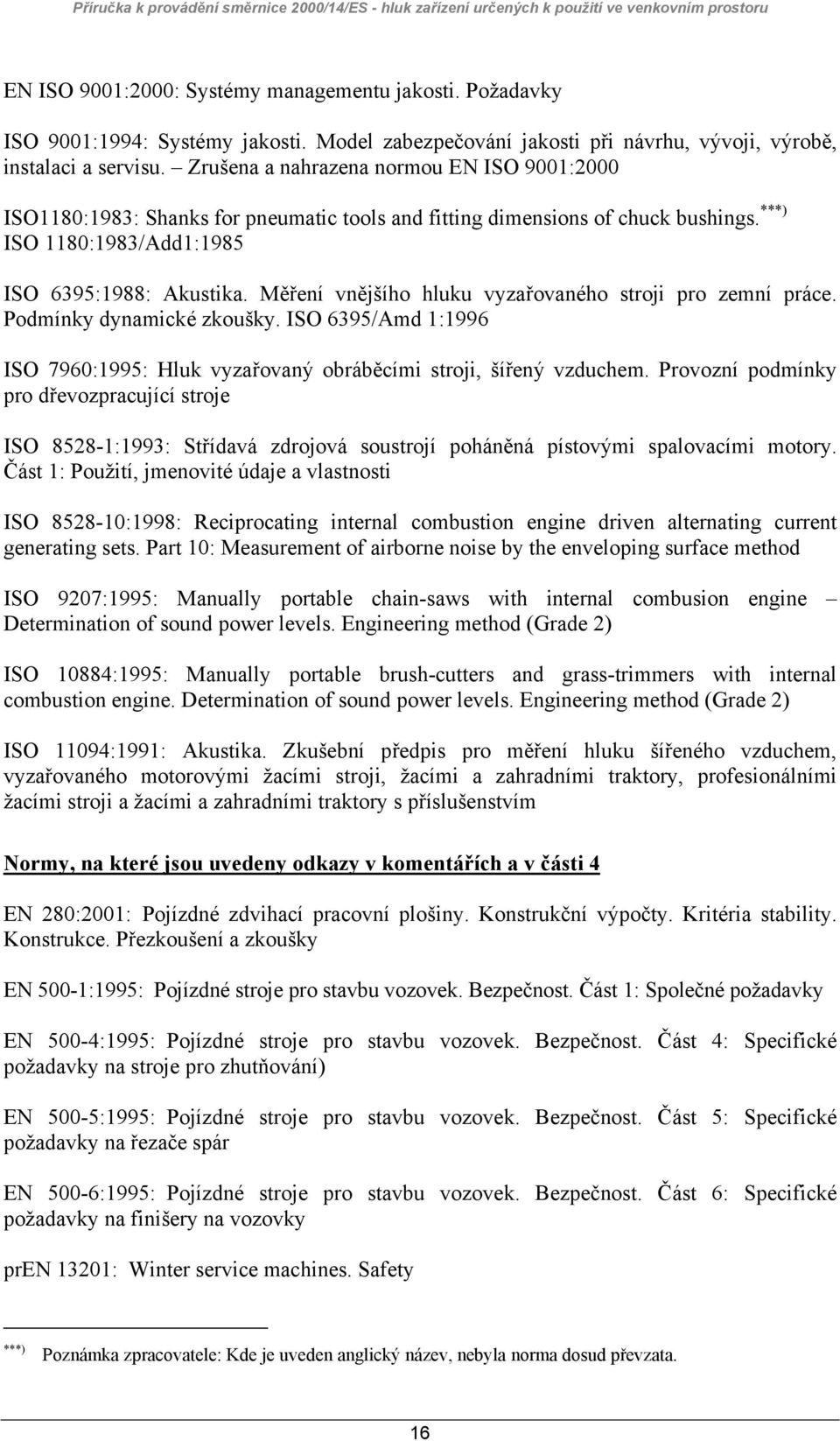 Měření vnějšího hluku vyzařovaného stroji pro zemní práce. Podmínky dynamické zkoušky. ISO 6395/Amd 1:1996 ISO 7960:1995: Hluk vyzařovaný obráběcími stroji, šířený vzduchem.