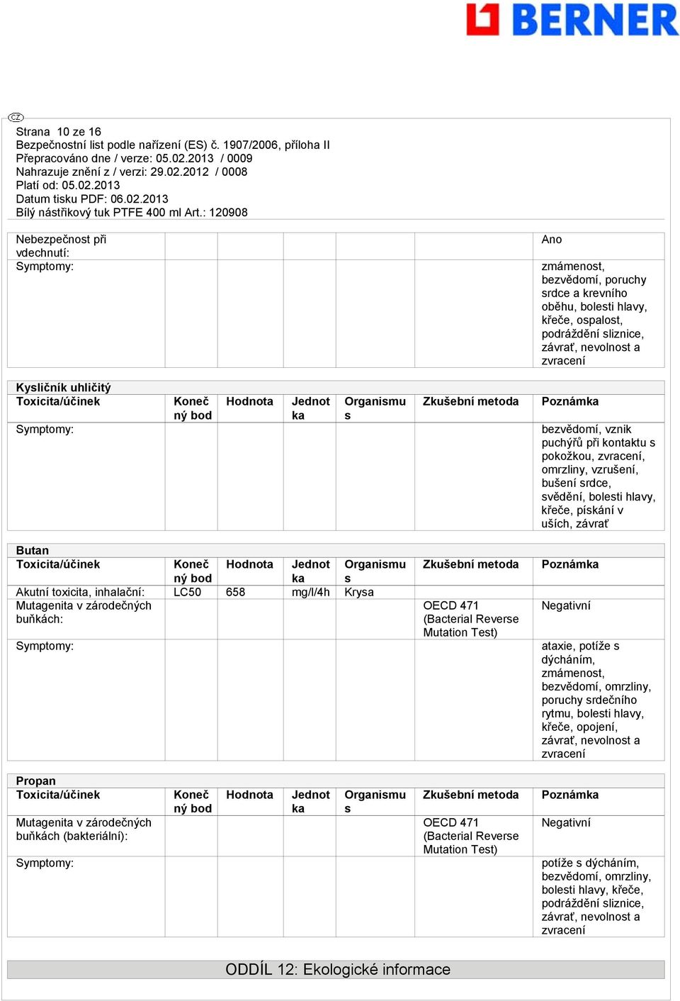 hlavy, křeče, pískání v uších, závrať Butan Koneč ný bod Hodnota Jednot Akutní toxicita, inhalační: LC50 658 mg/l/4h Krysa Mutagenita v zárodečných buňkách: Symptomy: Organismu s Zkušební metoda OECD