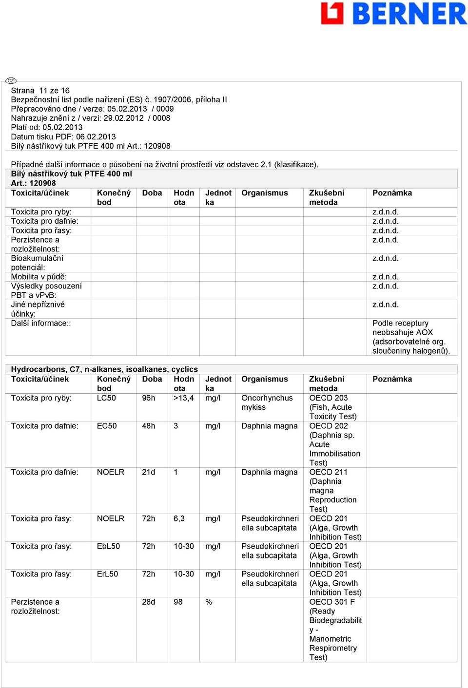 Další informace:: Konečný bod Doba Hodn ota Jednot Organismus Hydrocarbons, C7, n-alnes, isoalnes, cyclics Konečný bod Doba Hodn ota Jednot Organismus Toxicita pro ryby: LC50 96h >13,4 mg/l