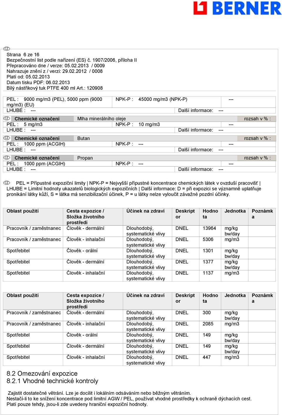 : PEL : 1000 ppm (ACGIH) NPK-P : --- --- LHUBE : --- Další informace: --- PEL = Přípustné expoziční limity NPK-P = Nejvyšší přípustné koncentrace chemických látek v ovzduší pracovišť LHUBE = Limitní