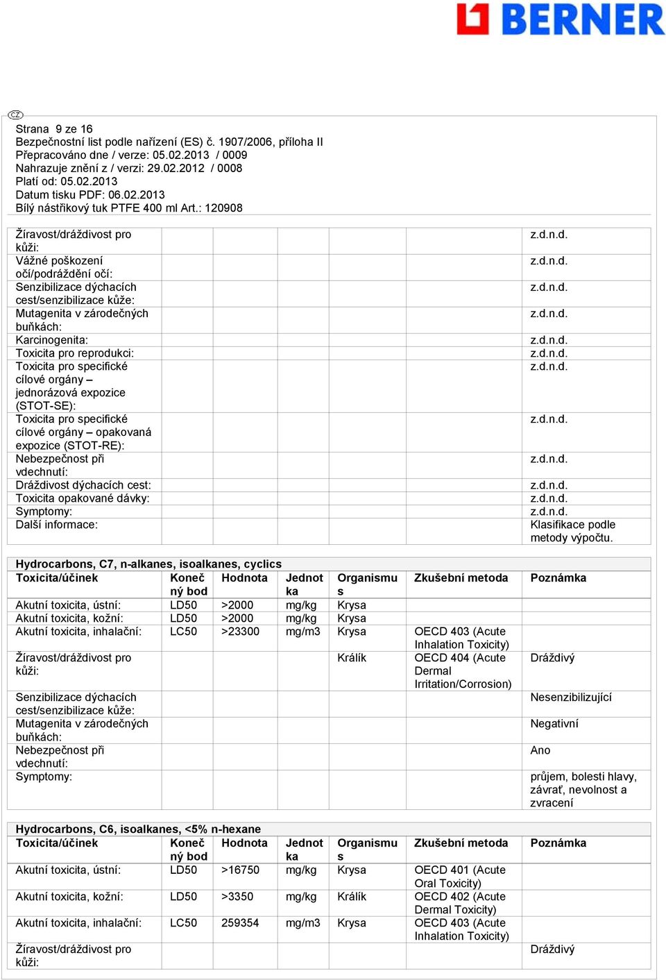 cest: Toxicita opakované dávky: Symptomy: Další informace: Hydrocarbons, C7, n-alnes, isoalnes, cyclics Koneč ný bod Hodnota Jednot Organismu s Zkušební metoda Akutní toxicita, ústní: LD50 >2000