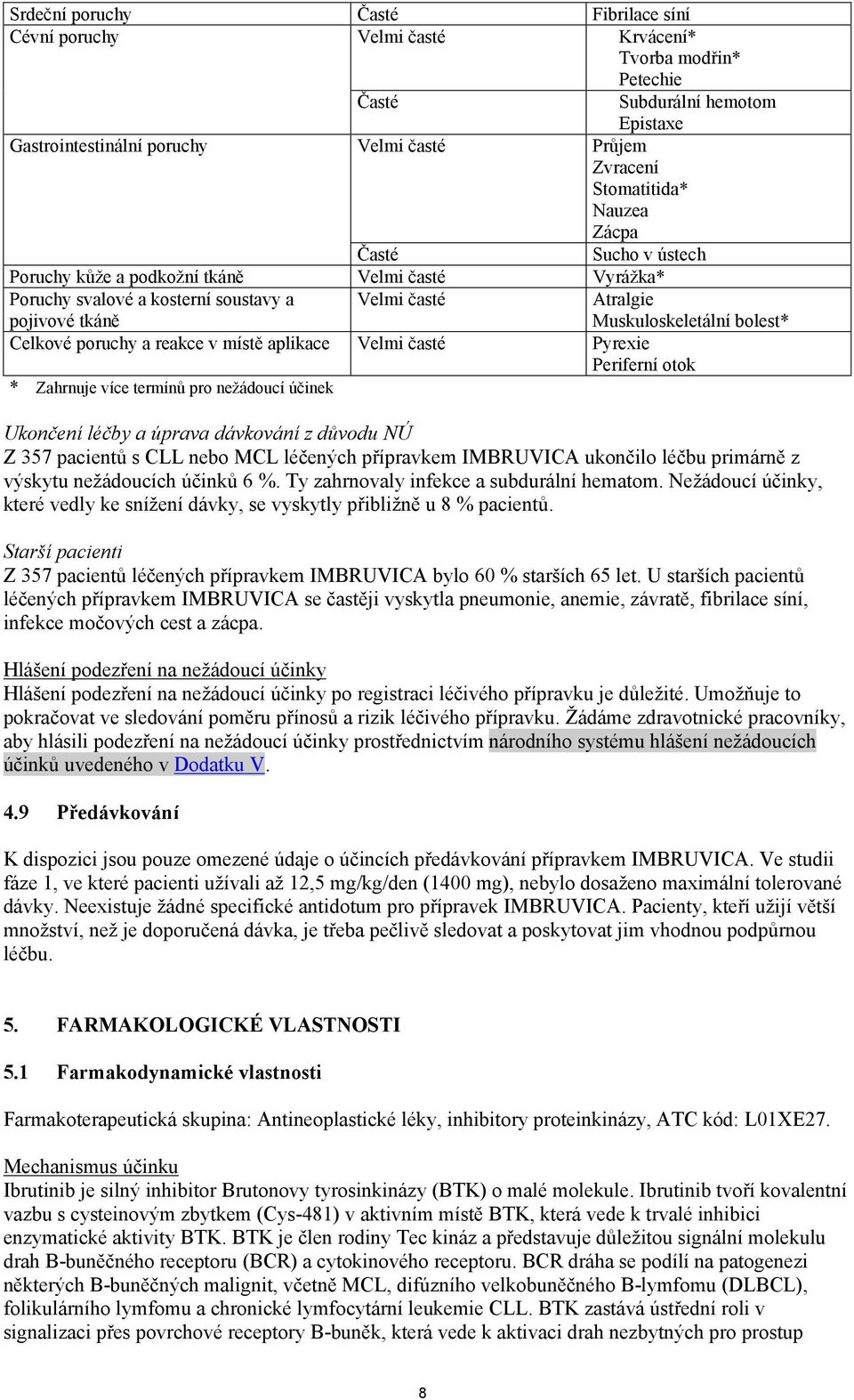 Velmi časté Pyrexie Periferní otok * Zahrnuje více termínů pro nežádoucí účinek Atralgie Muskuloskeletální bolest* Ukončení léčby a úprava dávkování z důvodu NÚ Z 357 pacientů s CLL nebo MCL léčených