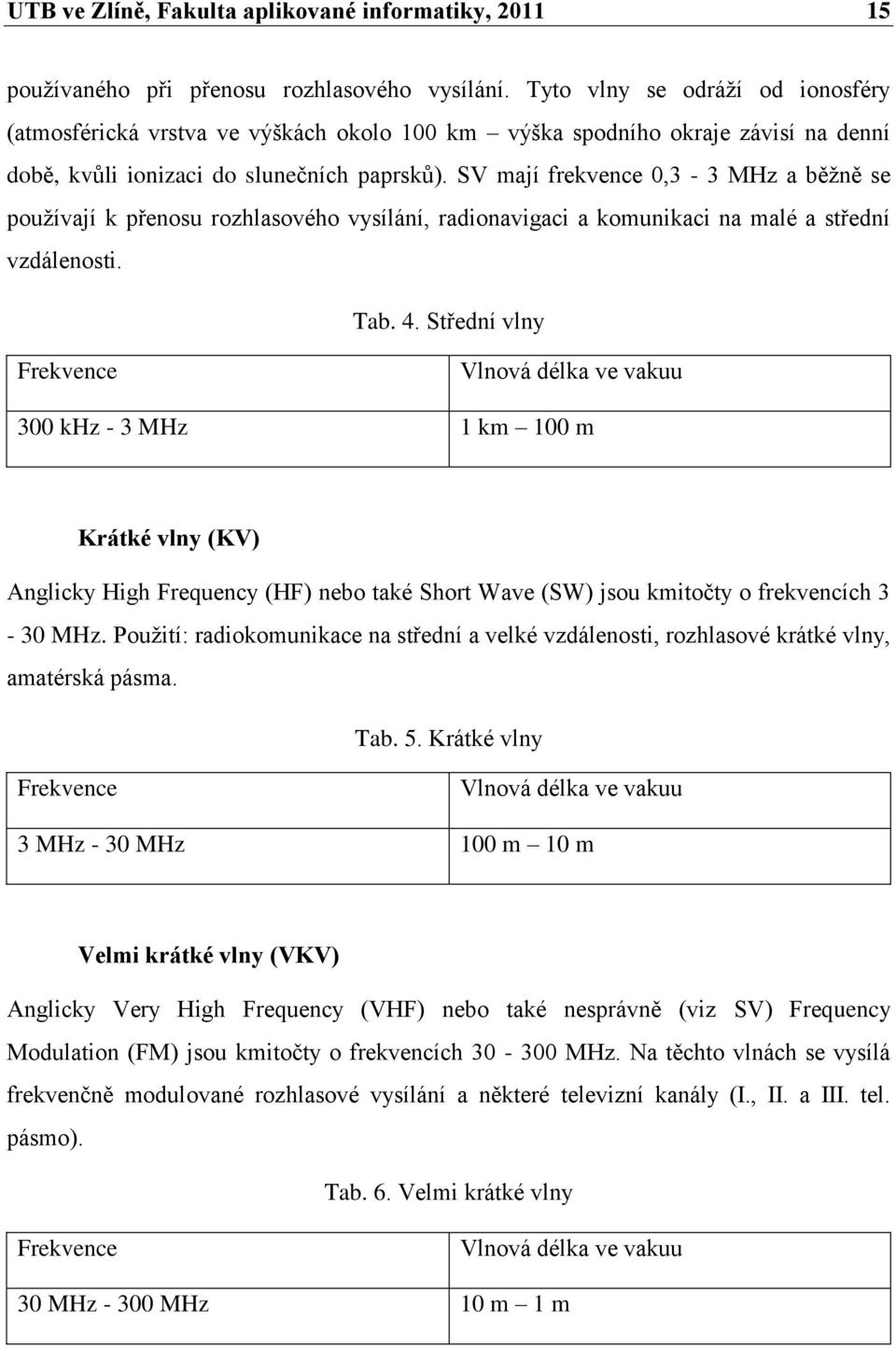 SV mají frekvence 0,3-3 MHz a běţně se pouţívají k přenosu rozhlasového vysílání, radionavigaci a komunikaci na malé a střední vzdálenosti. Tab. 4.