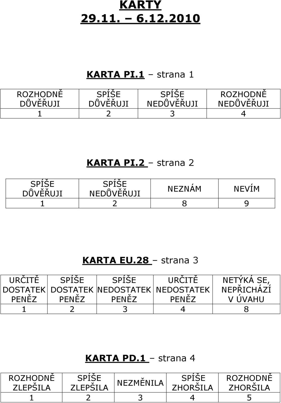 2 strana 2 NEZNÁM NEVÍM DŮVĚŘUJI NEDŮVĚŘUJI 1 2 8 9 URČITĚ DOSTATEK PENĚZ DOSTATEK PENĚZ KARTA