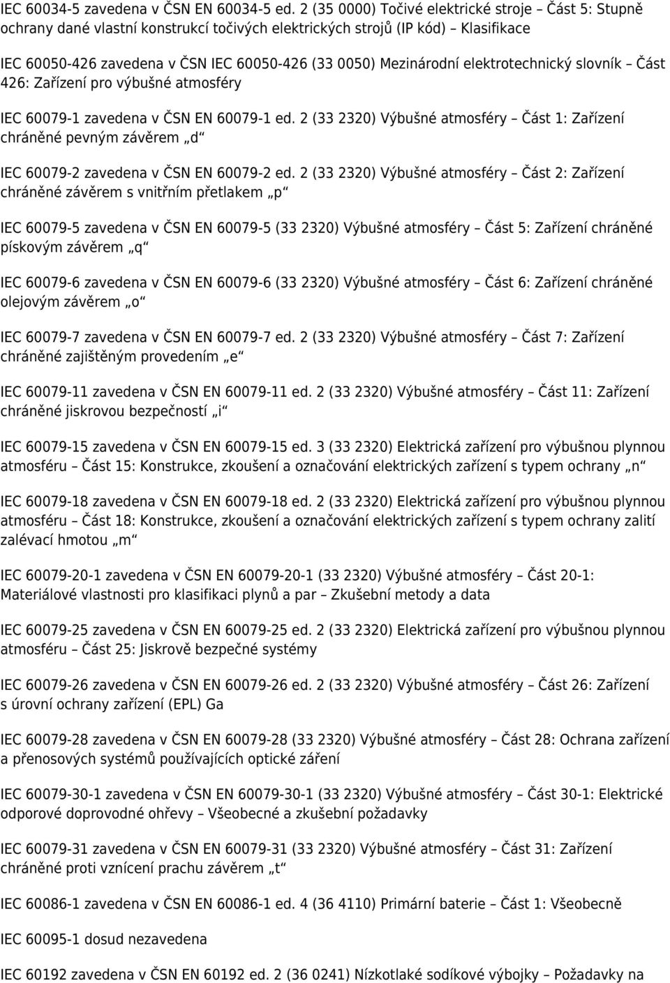 elektrotechnický slovník Část 426: Zařízení pro výbušné atmosféry IEC 60079-1 zavedena v ČSN EN 60079-1 ed.