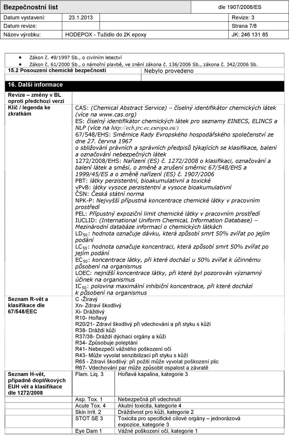 Další informace Revize změny v BL oproti předchozí verzi Klíč / legenda ke zkratkám Seznam R-vět a klasifikace dle 67/548/EEC Seznam H-vět, případně doplňkových EUH vět a klasifikace dle 1272/2008