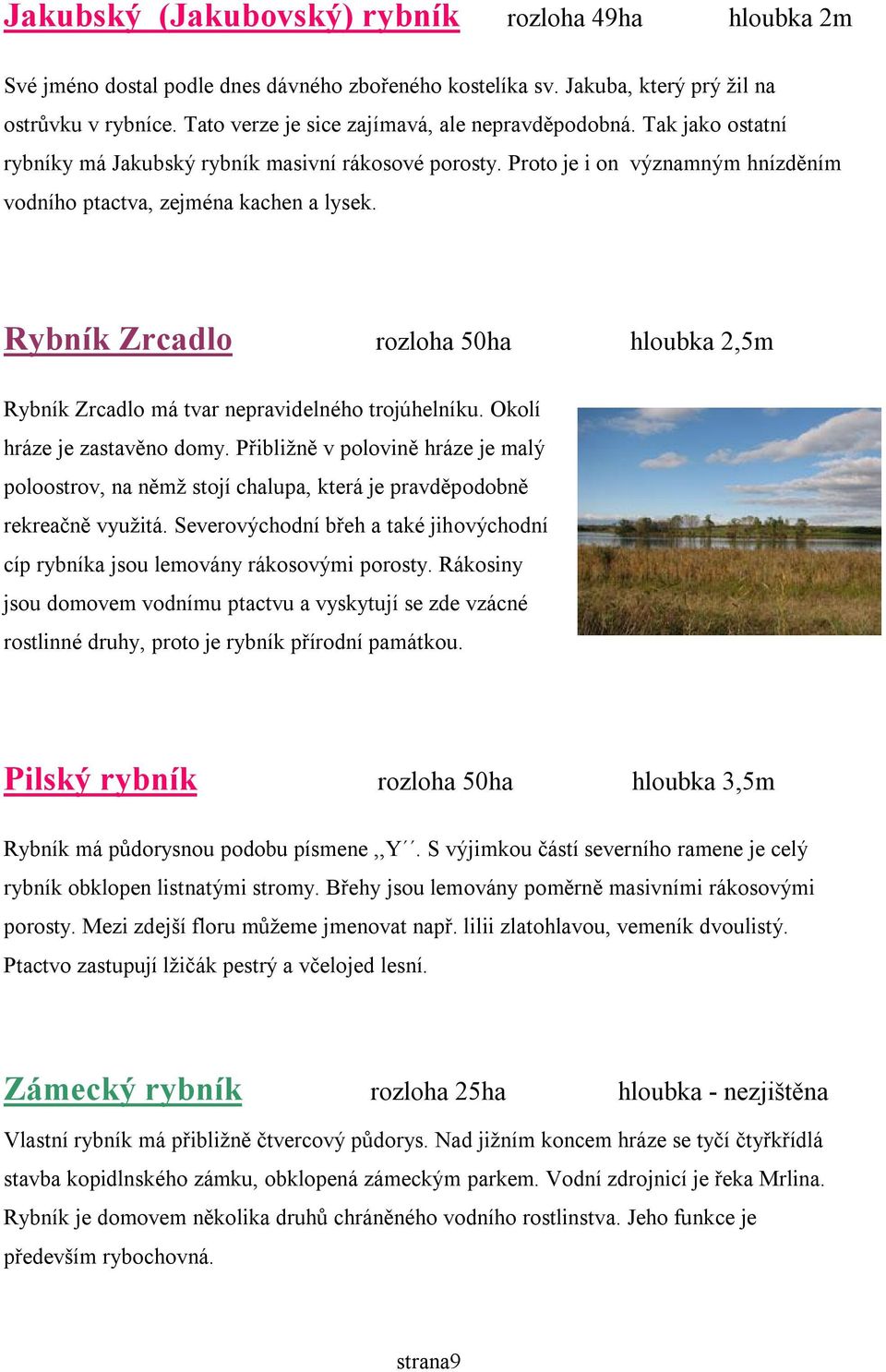 Rybník Zrcadlo rozloha 50ha hloubka 2,5m Rybník Zrcadlo má tvar nepravidelného trojúhelníku. Okolí hráze je zastavěno domy.