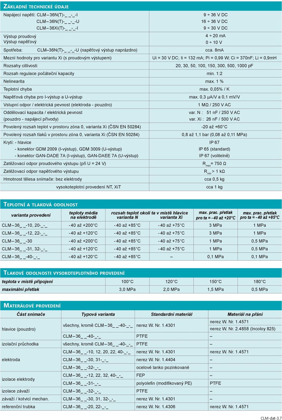 8mA Mezní hodnoty pro variantu Xi (s proudovým výstupem) Rozsahy citlivosti Ui = 30 V DC; Ii = 132 ma; Pi = 0,99 W; Ci = 370nF; Li = 0,9mH 20, 30, 50, 100, 150, 300, 500, 1000 pf Rozsah regulace