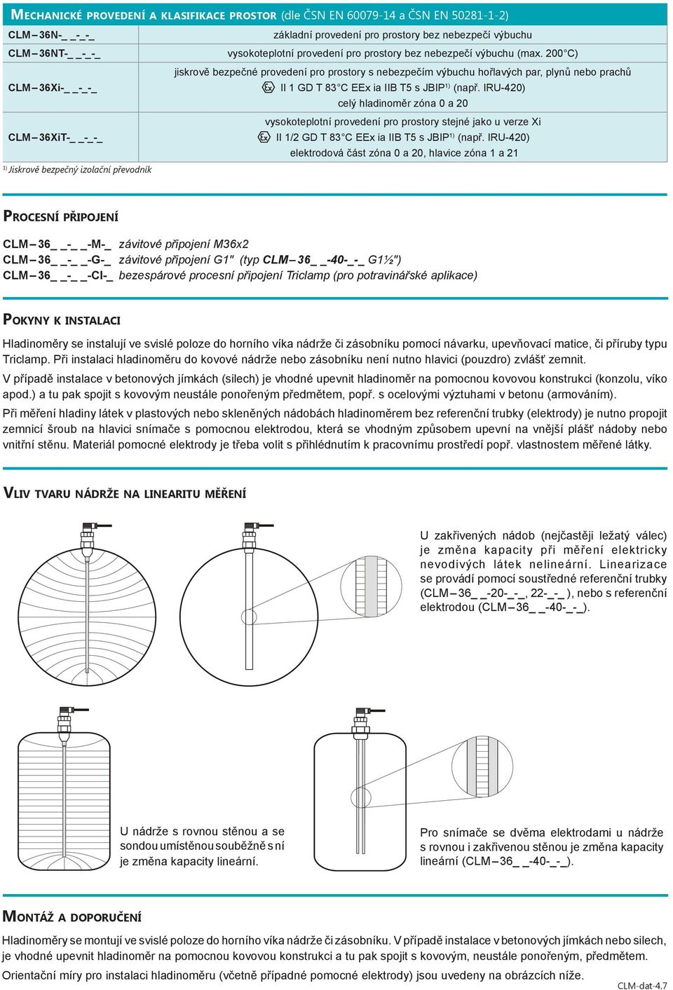 IRU-420) celý hladinoměr zóna 0 a 20 vysokoteplotní provedení pro prostory stejné jako u verze Xi CLM 36XiT- -_-_ II 1/2 GD T 83 C EEx ia IIB T5 s JBIP 1) (např.