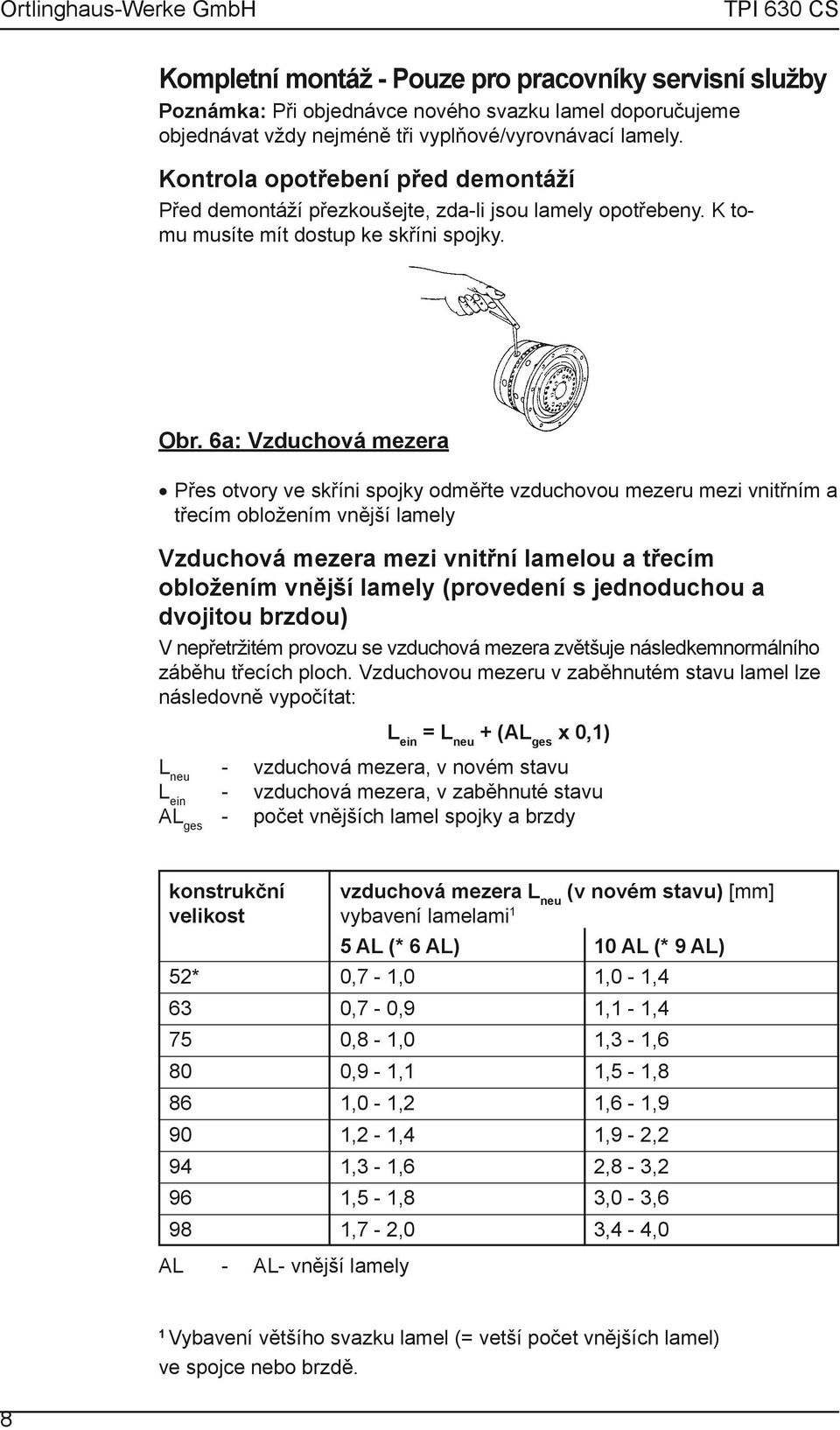 6a: Vzduchová mezera Přes otvory ve skříni spojky odměřte vzduchovou mezeru mezi vnitřním a třecím obložením vnější lamely Vzduchová mezera mezi vnitřní lamelou a třecím obložením vnější lamely