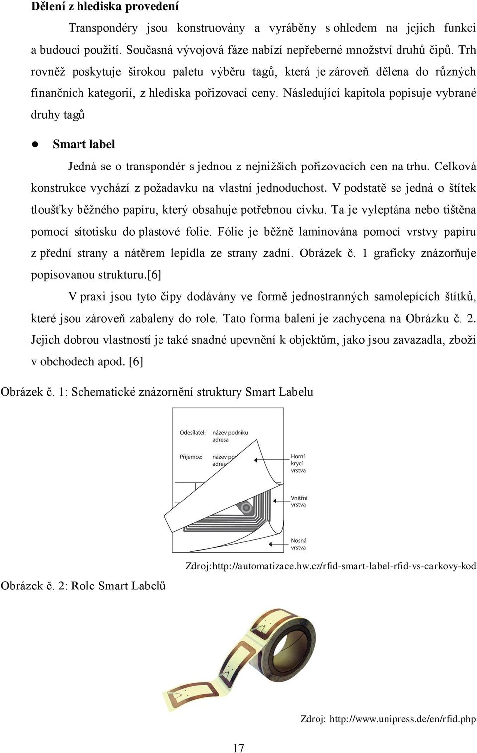 Následující kapitola popisuje vybrané druhy tagů Smart label Jedná se o transpondér s jednou z nejnižších pořizovacích cen na trhu. Celková konstrukce vychází z požadavku na vlastní jednoduchost.