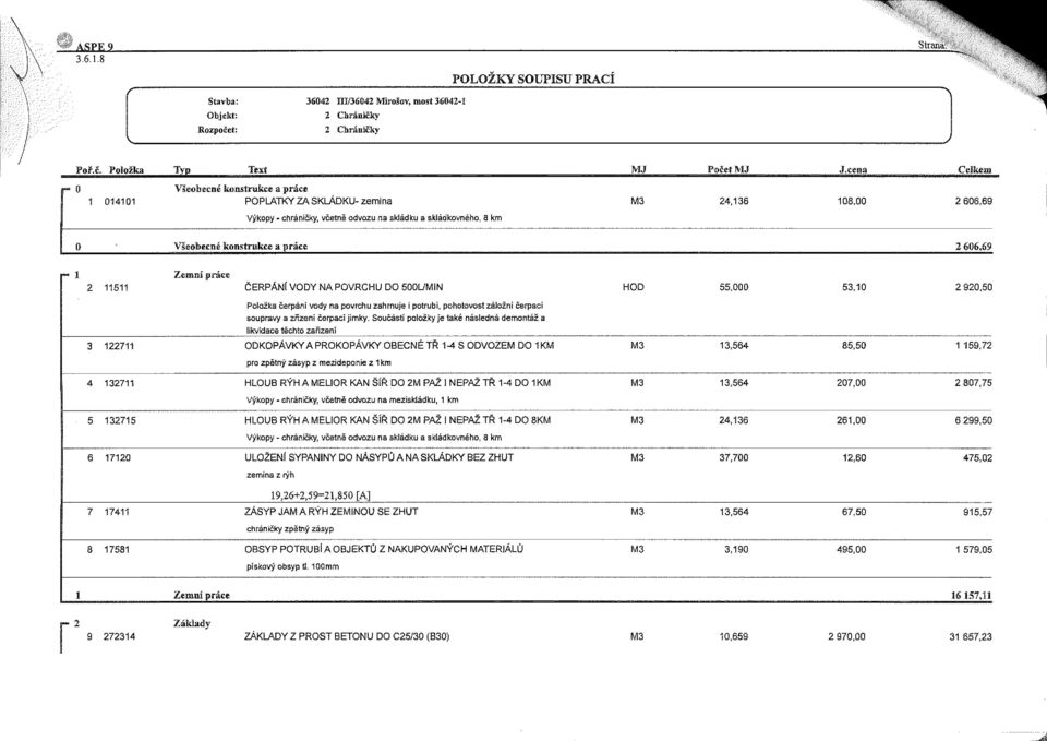 práce 2 606,69-1 2 11511 Zemní práce ČERPÁNÍ VODY NA POVRCHU DO 500L/MSN Položka čerpání vody na povrchu zahrnuje i potrubí, pohotovost záložní čerpací soupravy a zřízení čerpací jímky.