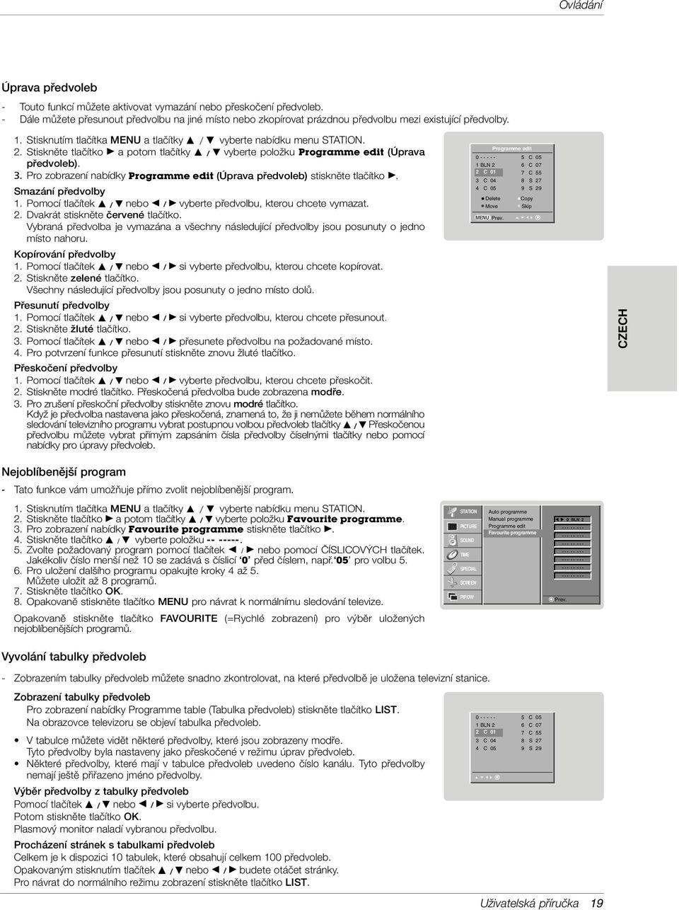 Stisknûte tlaãítko G a potom tlaãítky D / E vyberte poloïku Programme edit (Úprava pfiedvoleb). 3. Pro zobrazení nabídky Programme edit (Úprava pfiedvoleb) stisknûte tlaãítko G. Smazání pfiedvolby 1.