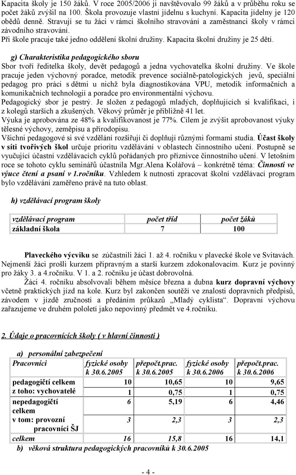 g) Charakteristika pedagogického sboru Sbor tvoří ředitelka školy, devět pedagogů a jedna vychovatelka školní družiny.