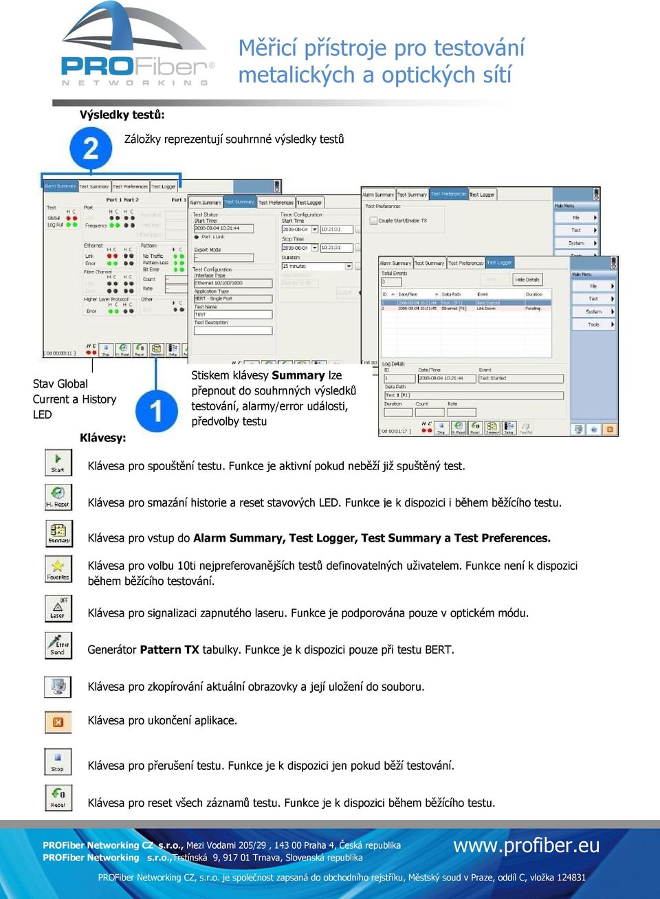 Klávesa pro vstup do Alarm Summary, Test Logger, Test Summary a Test Preferences. Klávesa pro volbu 10ti nejpreferovanějších testů definovatelných uživatelem.