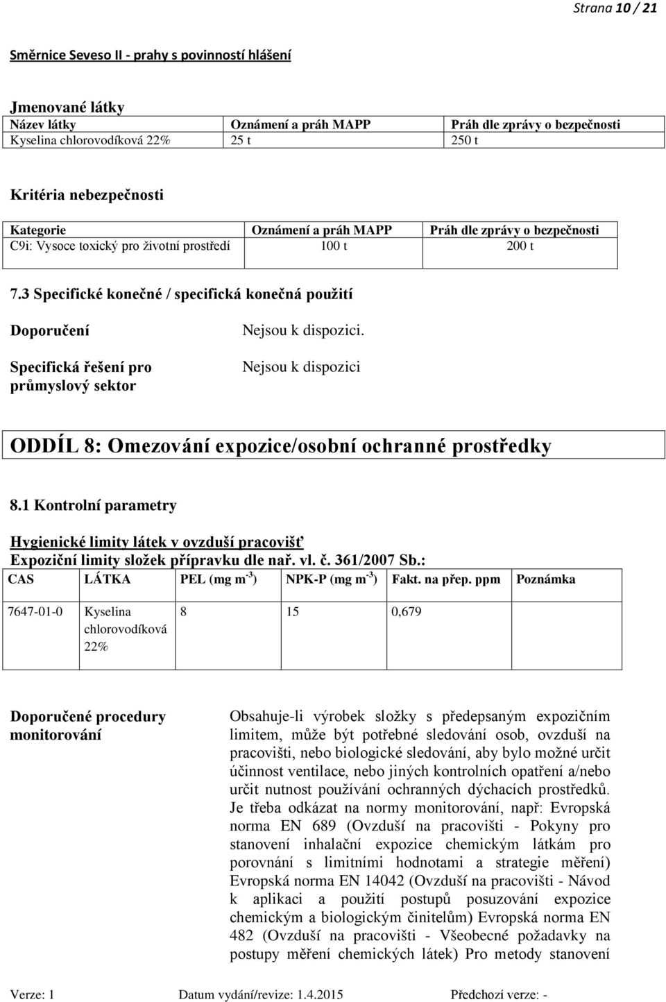 3 Specifické konečné / specifická konečná použití Doporučení Specifická řešení pro průmyslový sektor Nejsou k dispozici ODDÍL 8: Omezování expozice/osobní ochranné prostředky 8.