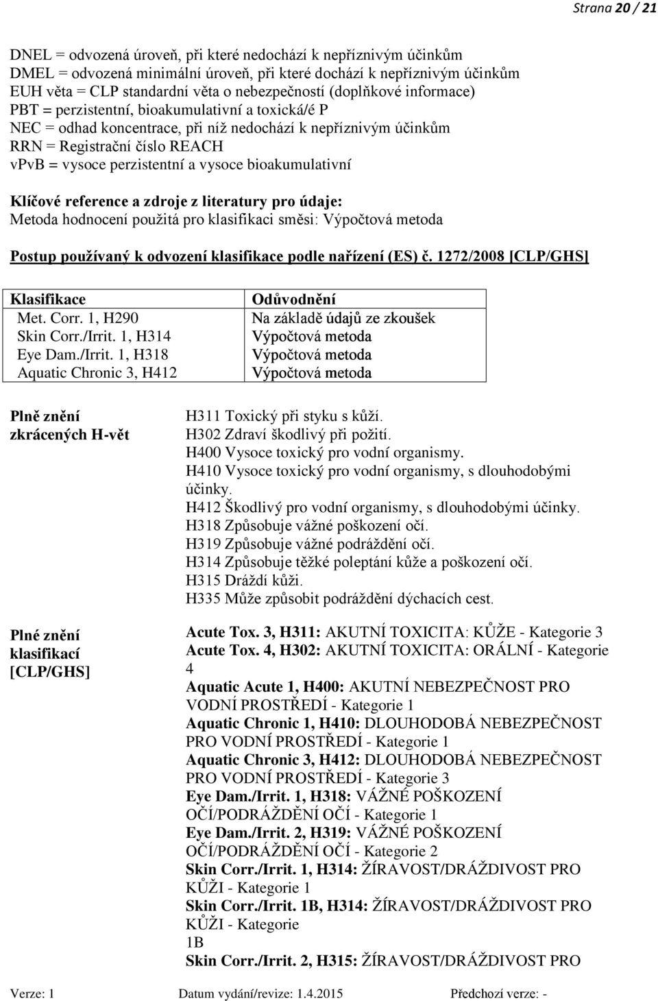 perzistentní a vysoce bioakumulativní Klíčové reference a zdroje z literatury pro údaje: Metoda hodnocení použitá pro klasifikaci směsi: Výpočtová metoda Postup používaný k odvození klasifikace podle