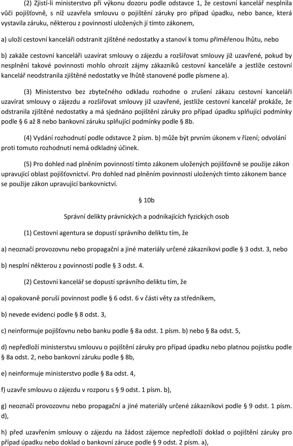 smlouvy o zájezdu a rozšiřovat smlouvy již uzavřené, pokud by nesplnění takové povinnosti mohlo ohrozit zájmy zákazníků cestovní kanceláře a jestliže cestovní kancelář neodstranila zjištěné