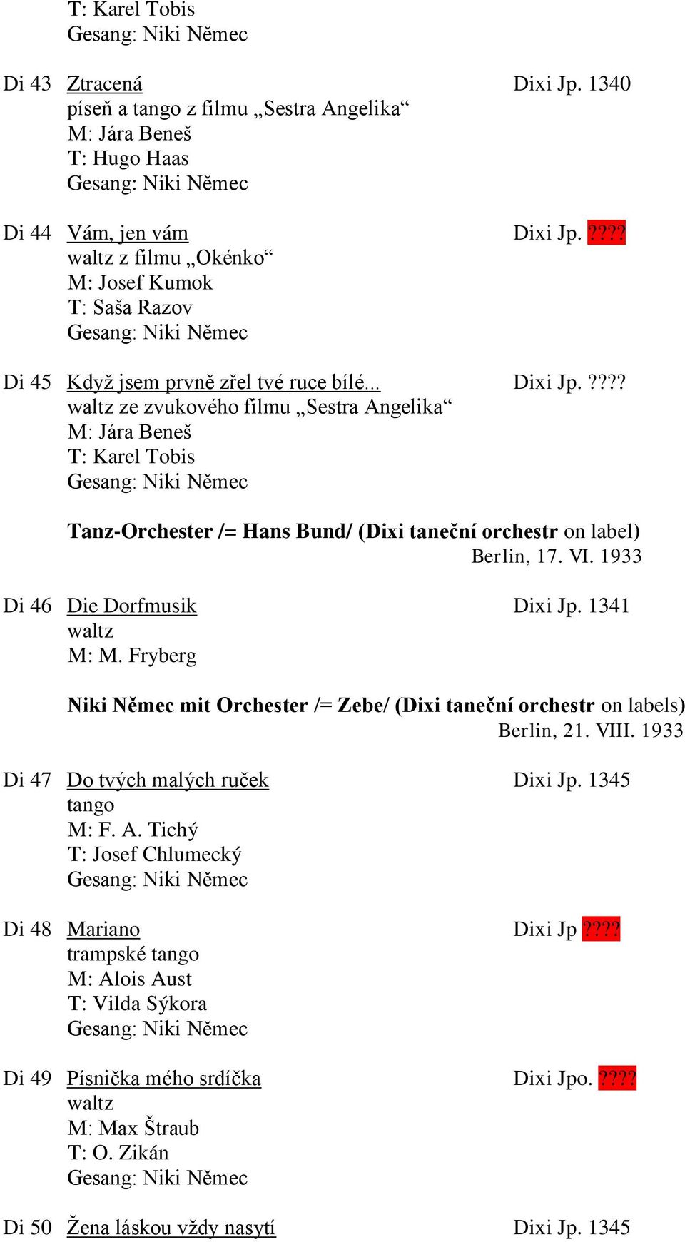 ???? ze zvukového filmu Sestra Angelika T: Karel Tobis Tanz-Orchester /= Hans Bund/ (Dixi taneční orchestr on label) Berlin, 17. VI. 1933 Di 46 Die Dorfmusik Dixi Jp. 1341 M: M.