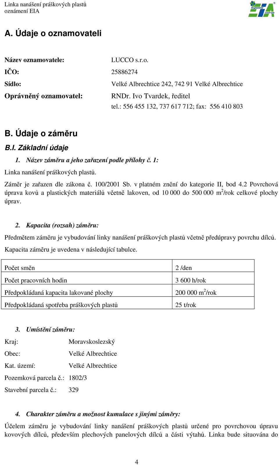 100/2001 Sb. v platném znění do kategorie II, bod 4.2 Povrchová úprava kovů a plastických materiálů včetně lakoven, od 10 000 do 500 000 m 2 